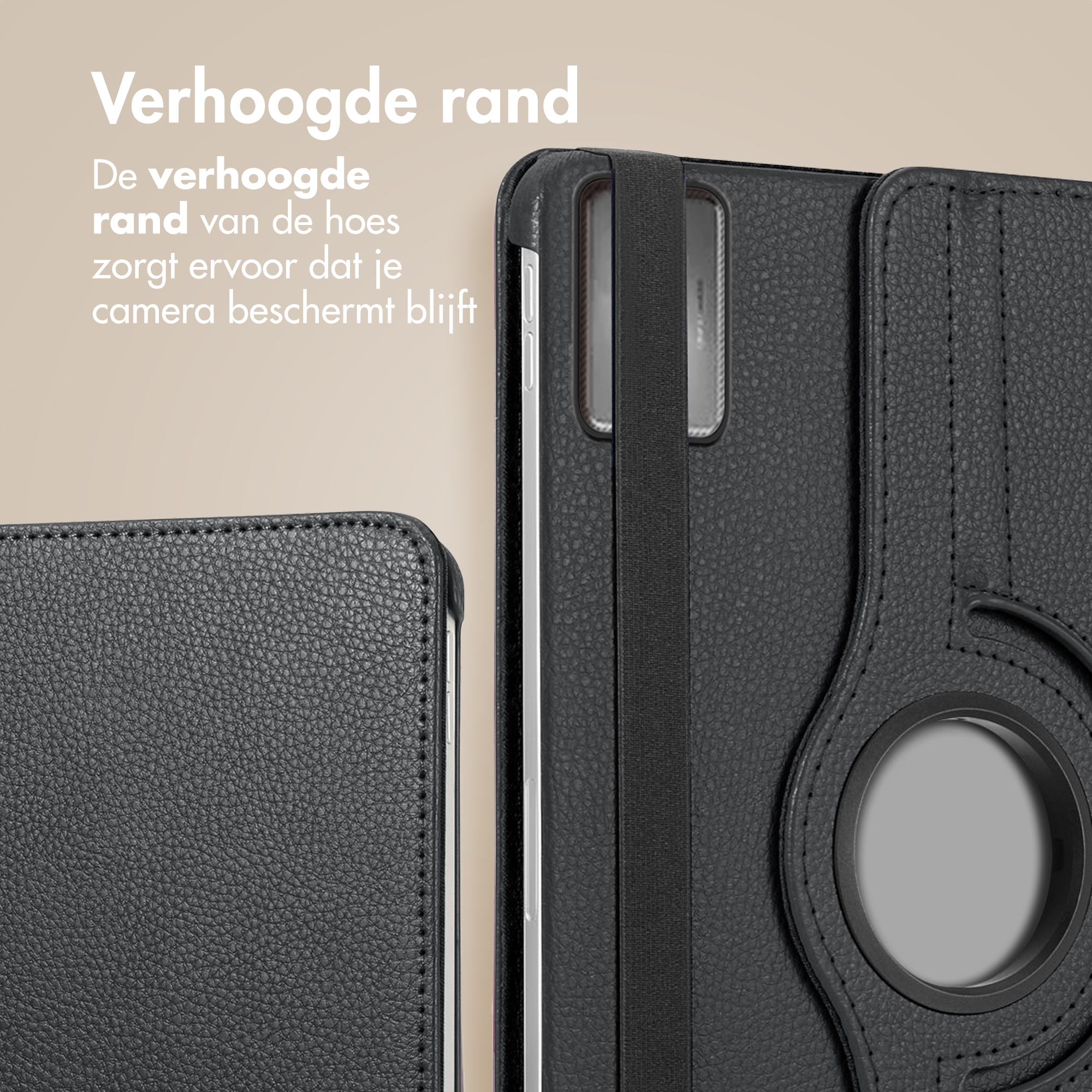A close-up of a black phone case with a raised edge. Text in Dutch. A black strap is visible.