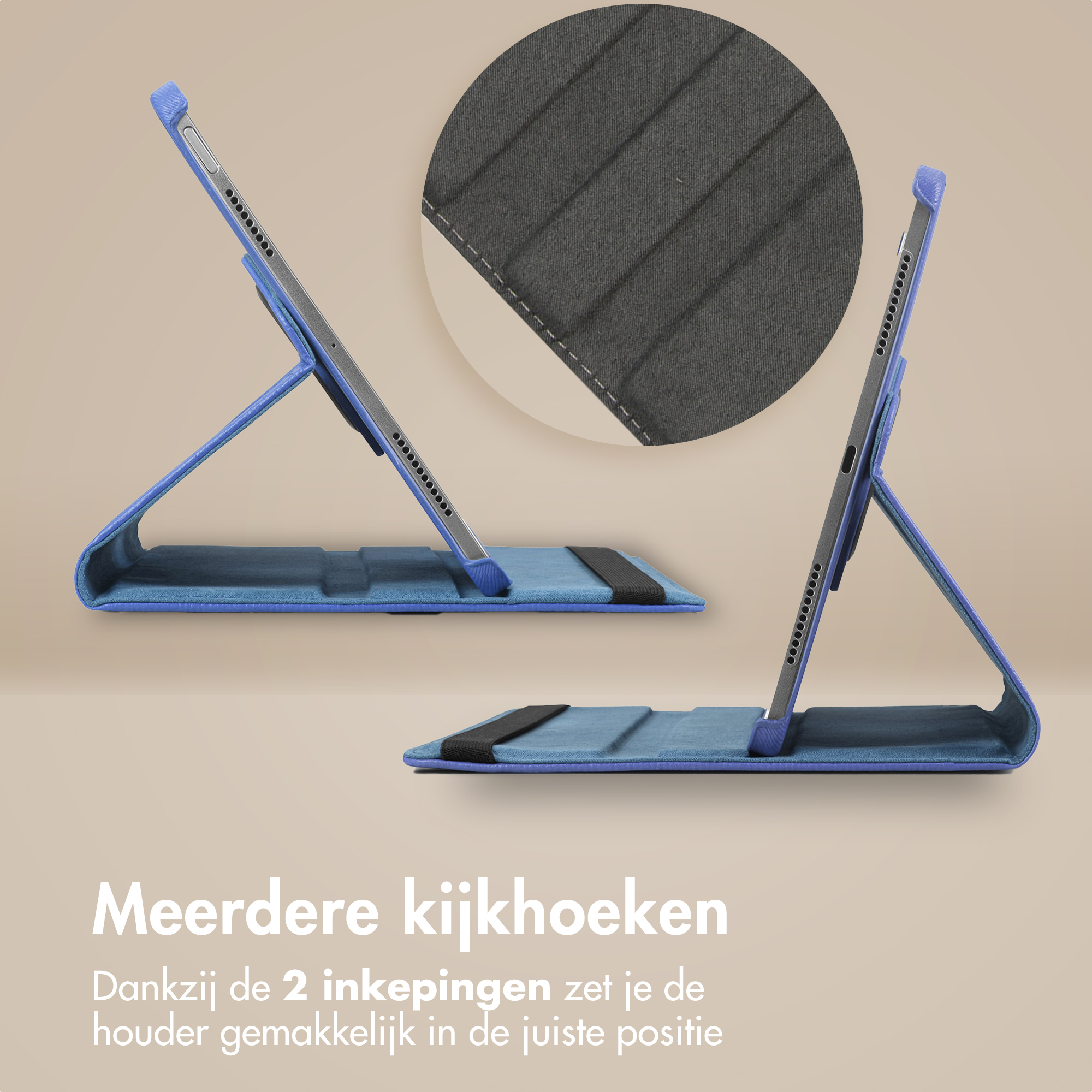 Blue tablet case with multiple viewing angles. A close-up shows the case's textured interior.