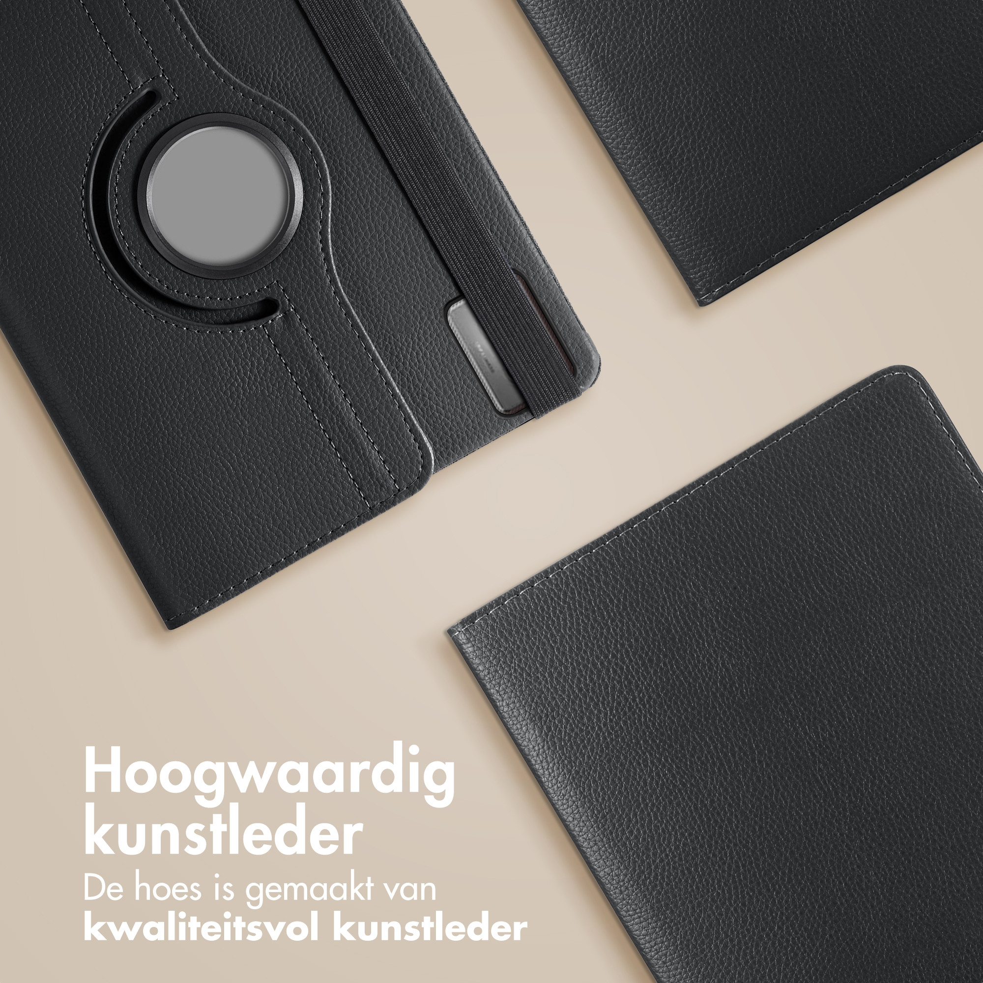 Black leather tablet case with round holder. Two other leather pieces are visible. The background is beige.