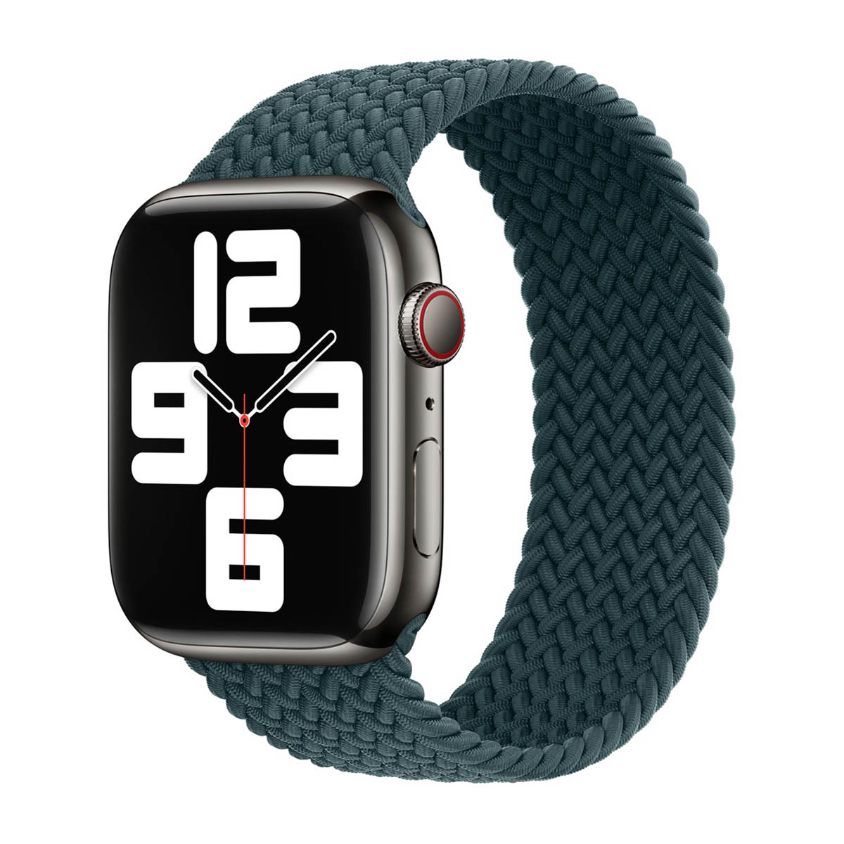Een donkergrijze Apple Watch met een bijpassende gevlochten lusband. De wijzerplaat toont de tijd. De achtergrond is wit.