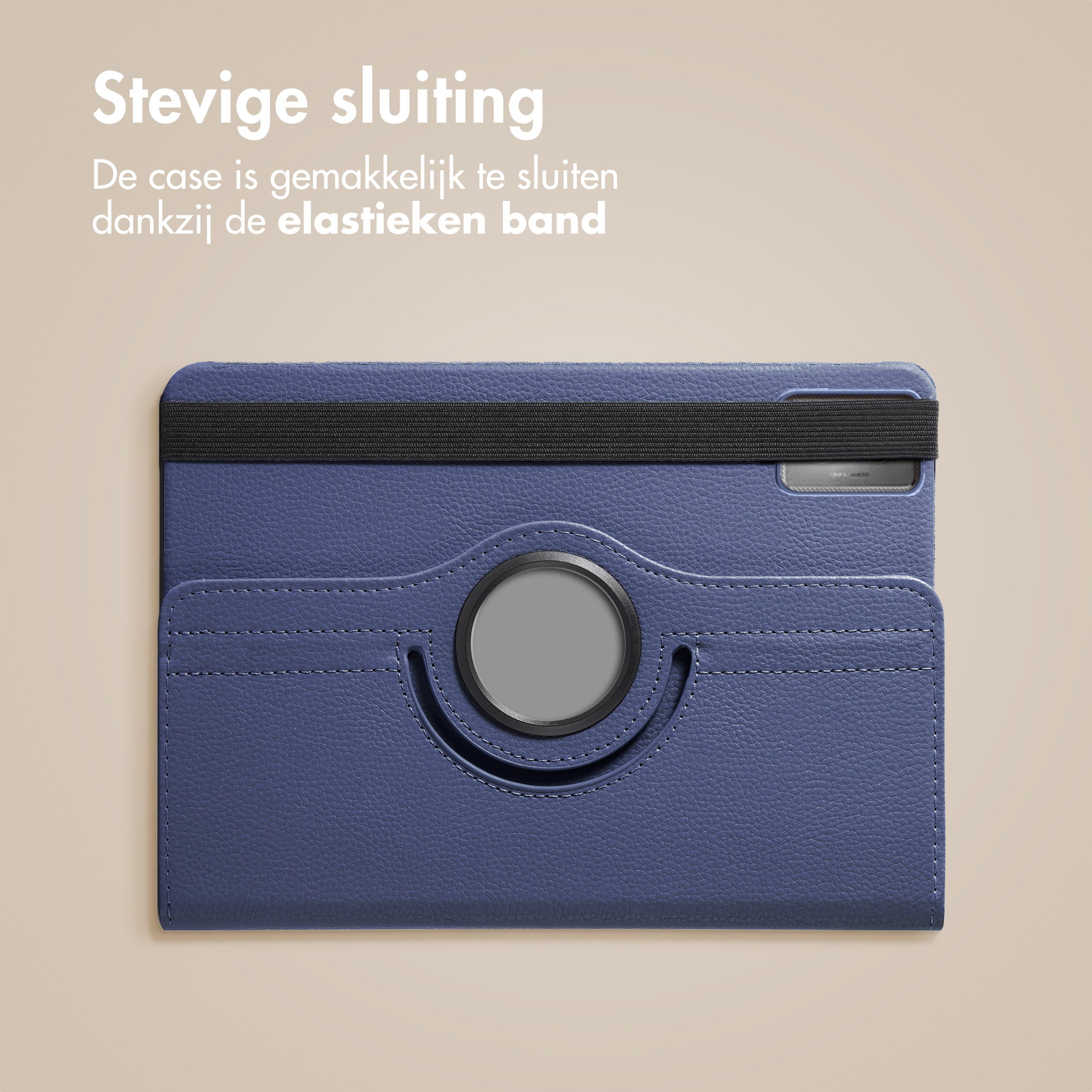 Blue tablet case with black elastic band. A gray circle is in the center.