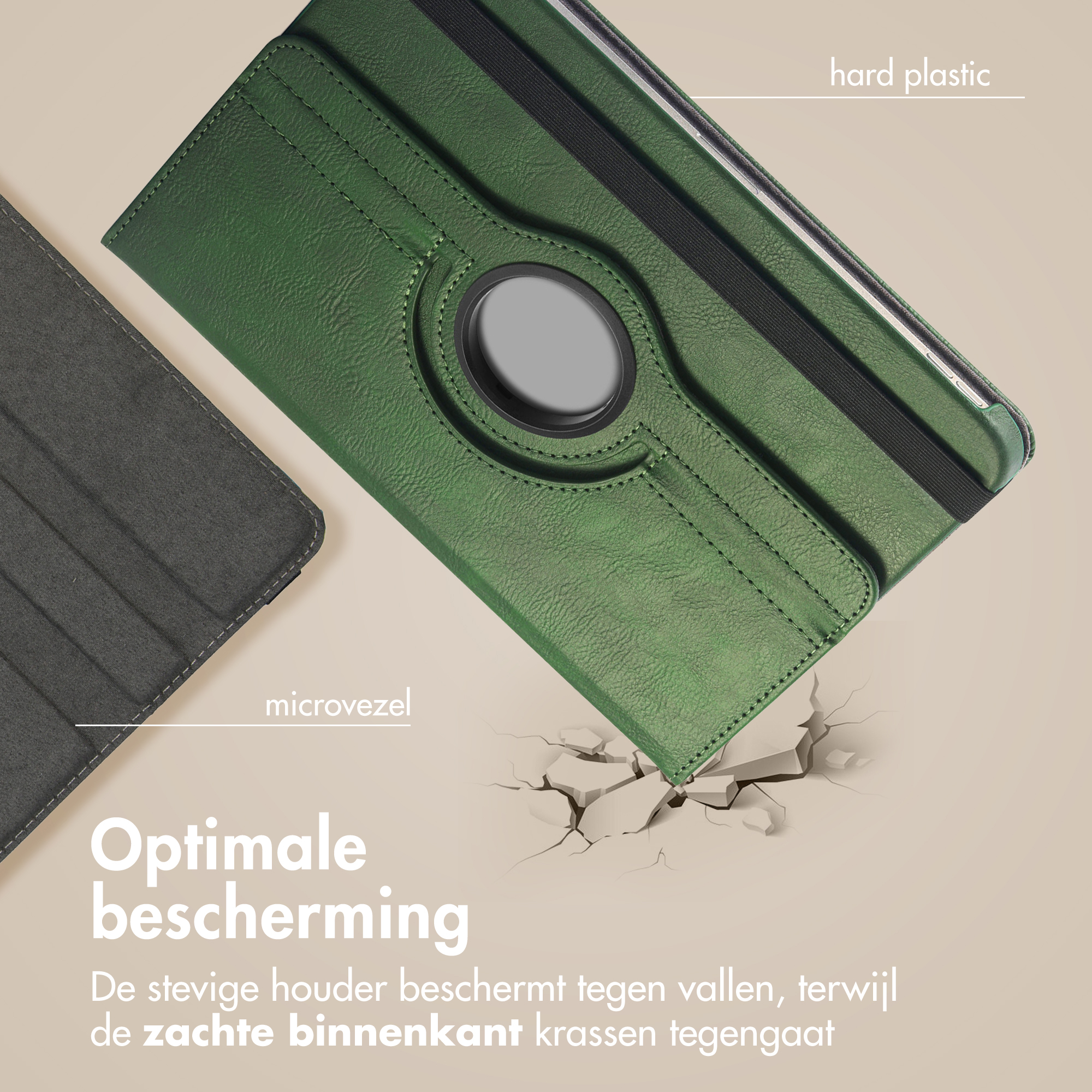 Étui de tablette vert avec plastique dur et microfibre. Sur fond beige avec texte néerlandais sur la protection.