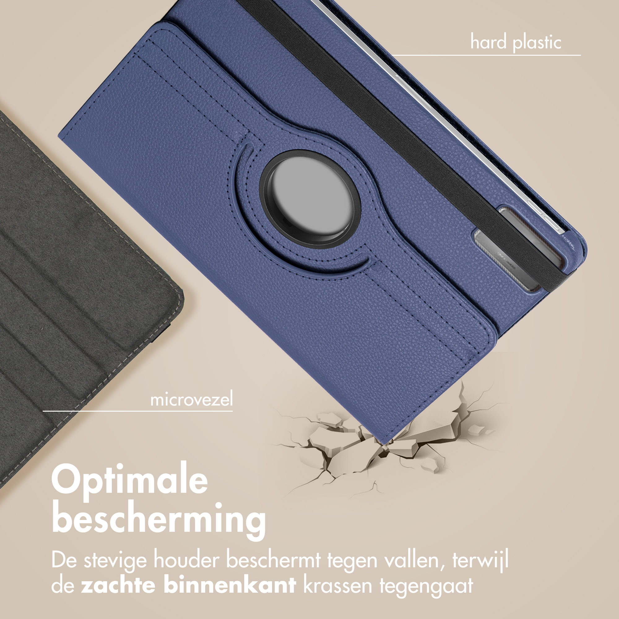 Blue tablet case with a black strap, gray microfibre, and a cracked surface, labeled with 'hard plastic' and 'microvezel'.