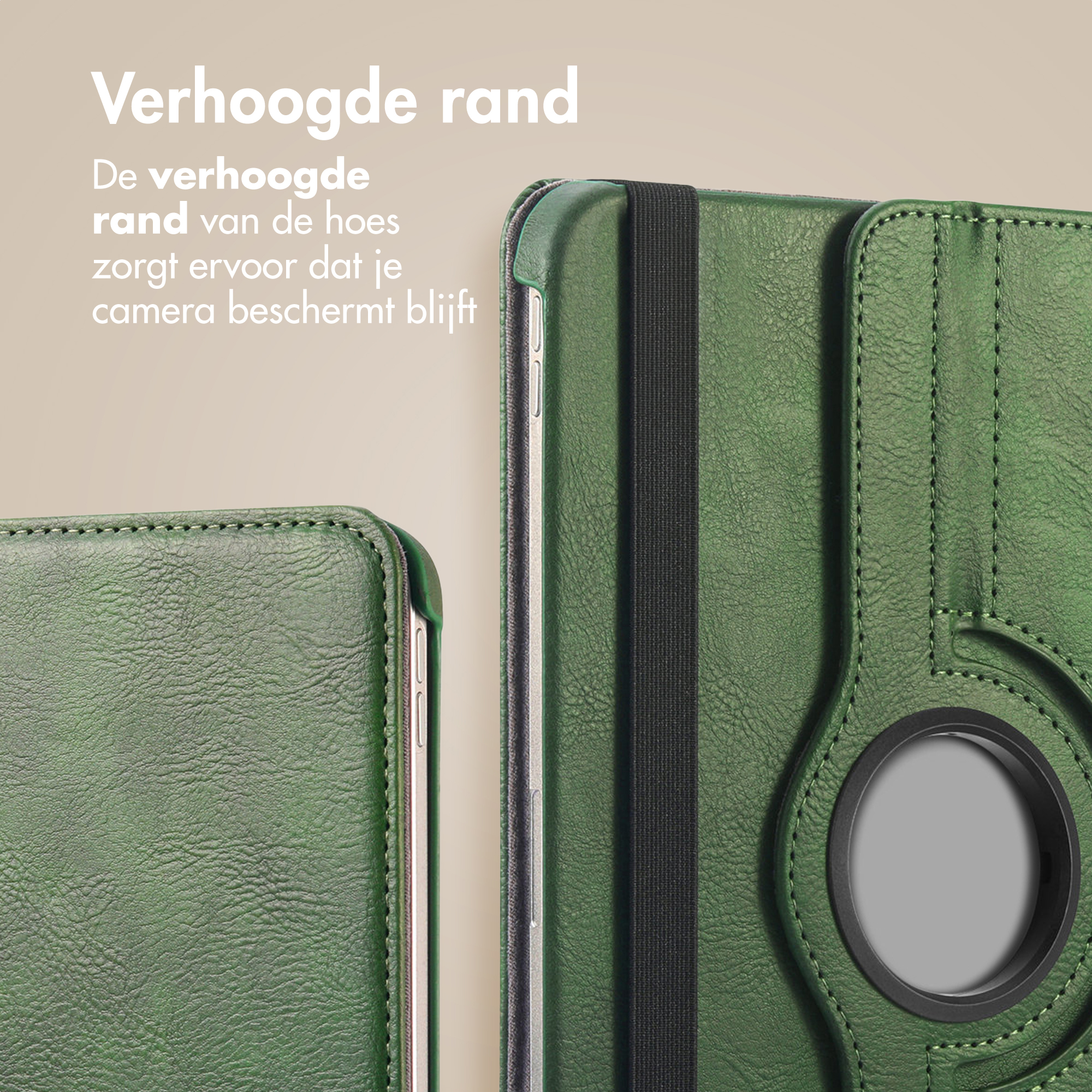 Étui en cuir vert avec bord surélevé. Bande élastique noire. Fond beige. Texte en blanc.