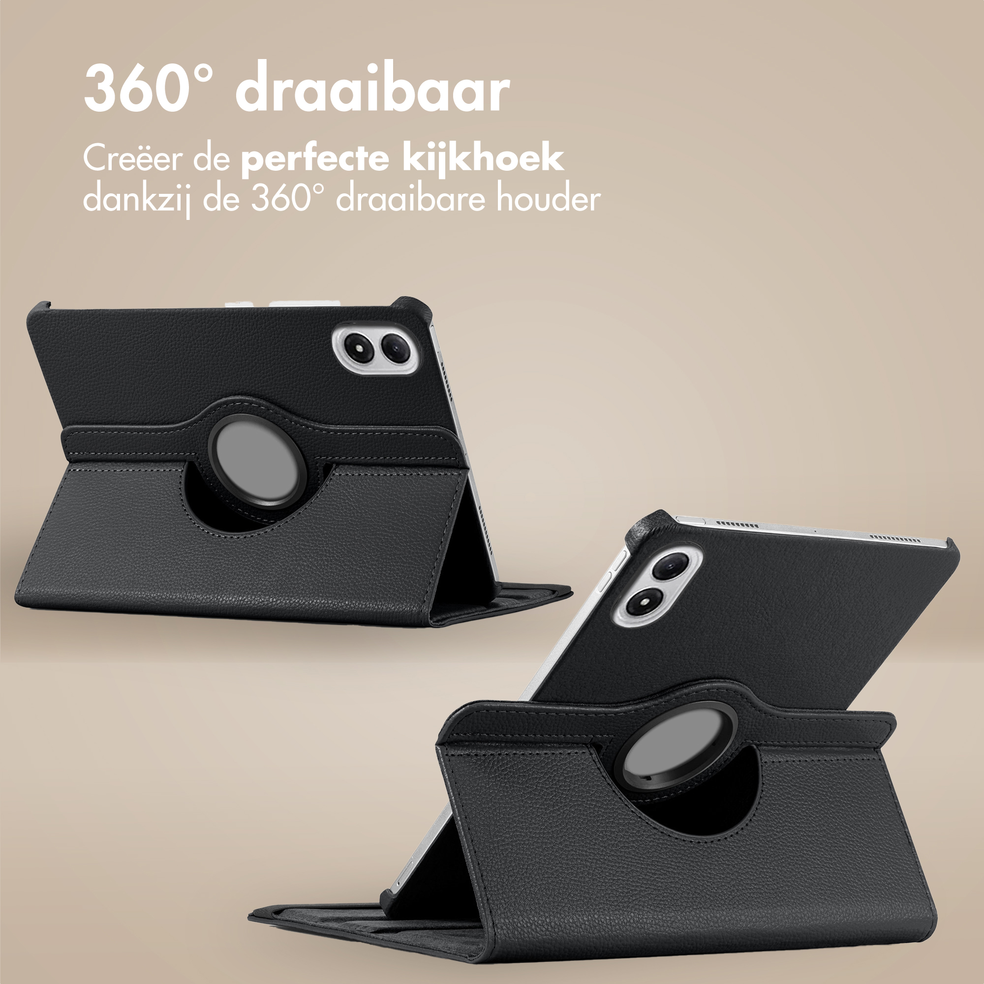 Twee zwarte tablethoezen met 360 graden draaibare standaards. Beige achtergrond met tekst bovenaan.