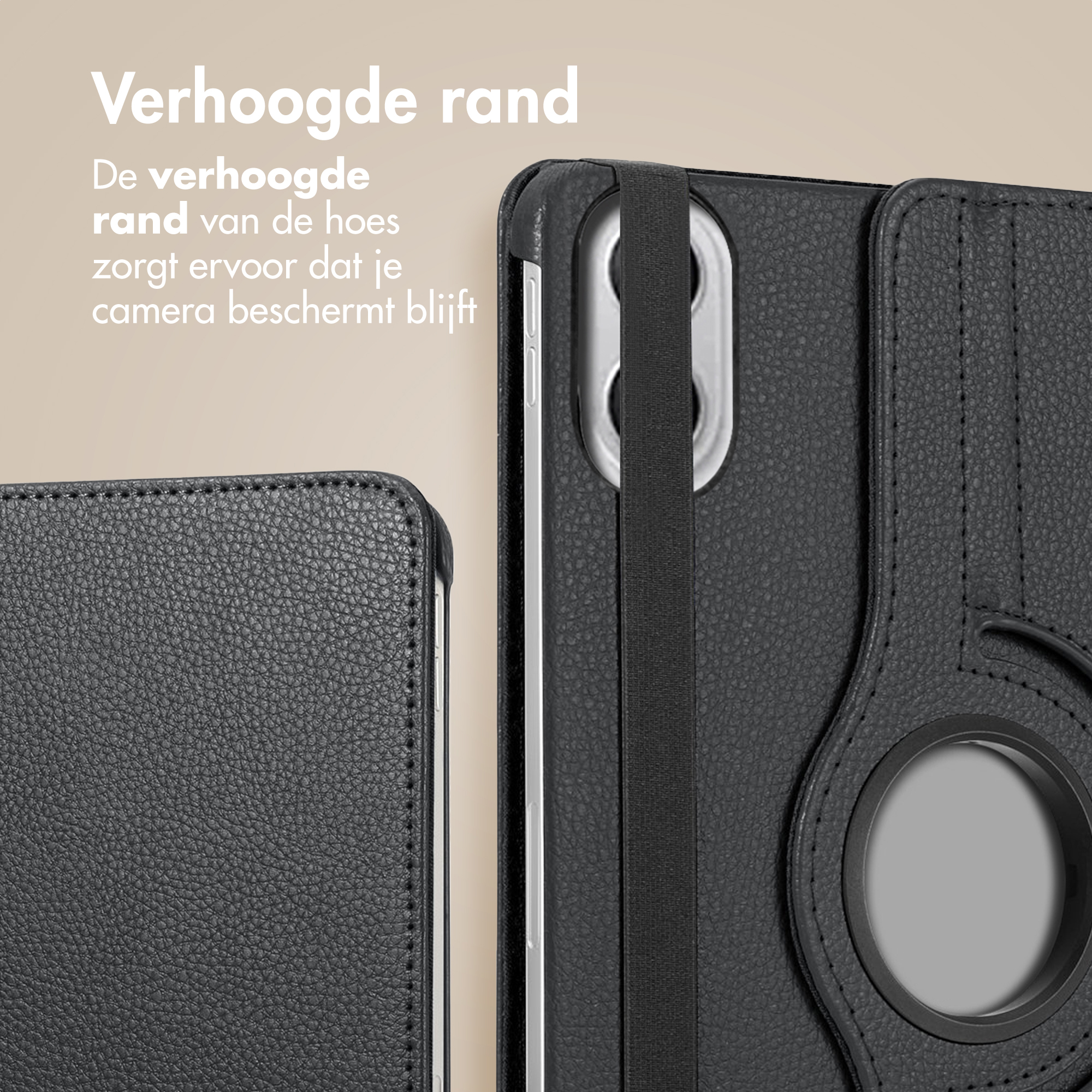 Close-up van een zwarte telefoonhoes met een verhoogde rand. De hoes heeft een textuuroppervlak en een zwarte band.