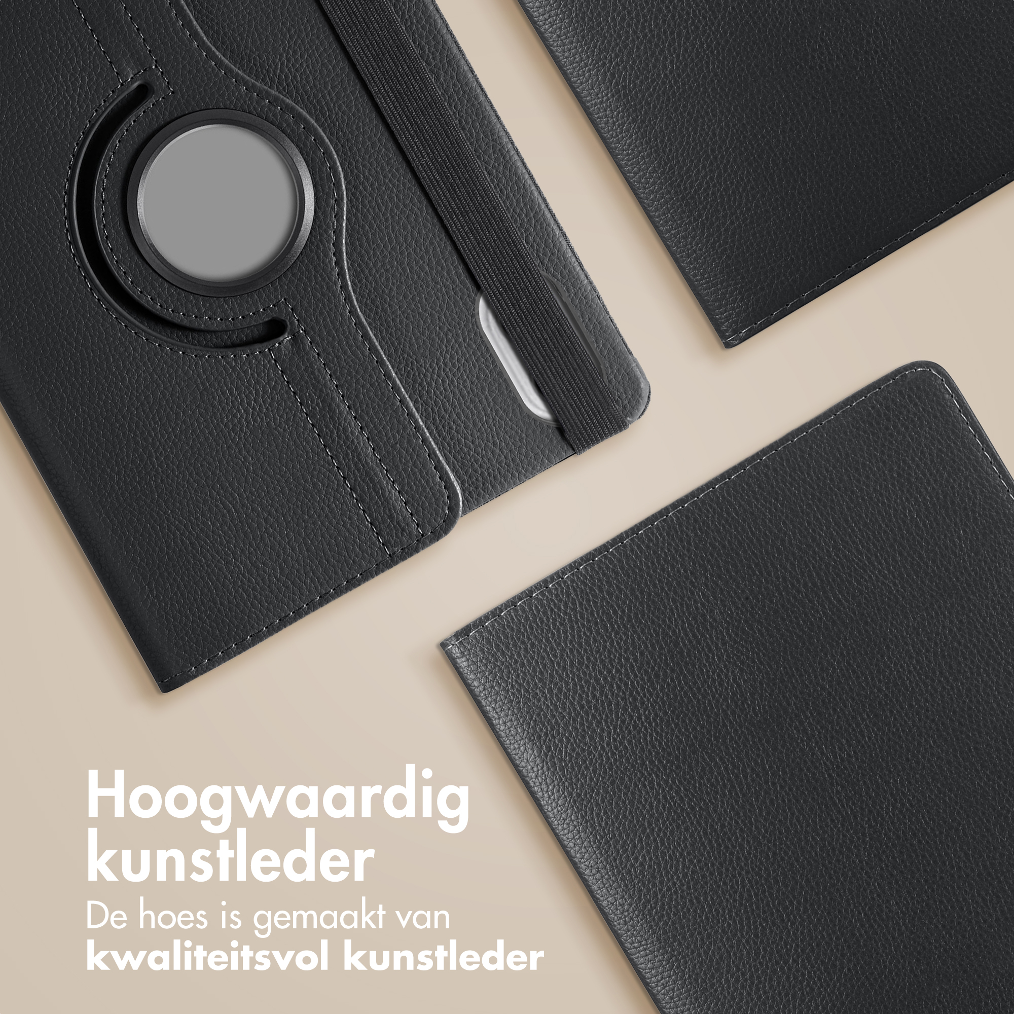 Zwarte tablethoes met draaifunctie en elastische band. Gemaakt van hoogwaardig kunstleer.