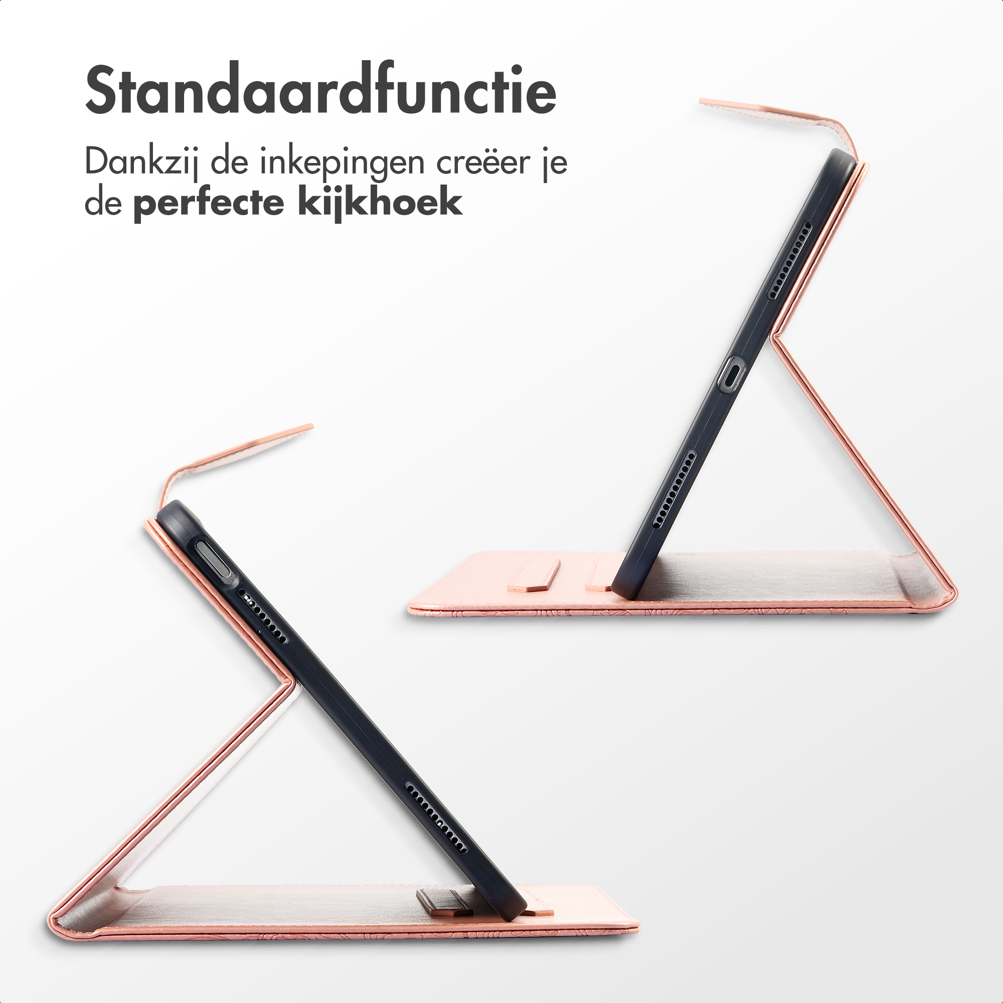 A tablet case, open to display the tablet in two positions. Text on top says: Standard function.