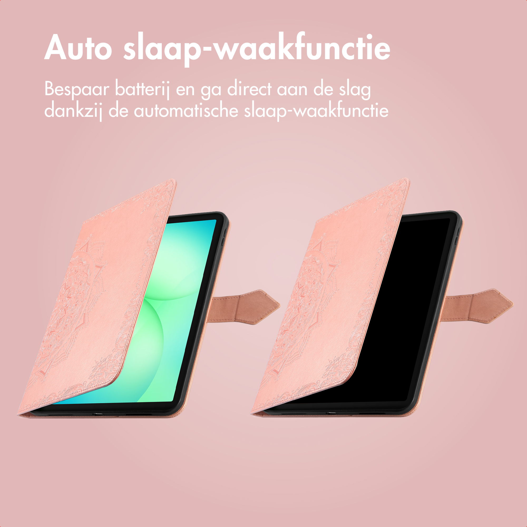 Two tablets in pink covers are open. Text reads 'Auto slaap-waakfunctie'. Background is pink.