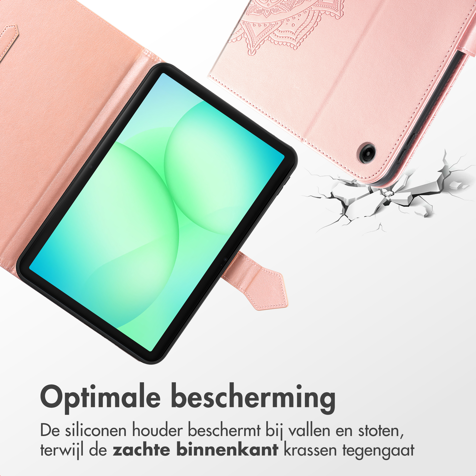 A tablet in a pink case is shown. The case is open, revealing the screen. Text below says 'Optimal protection'.