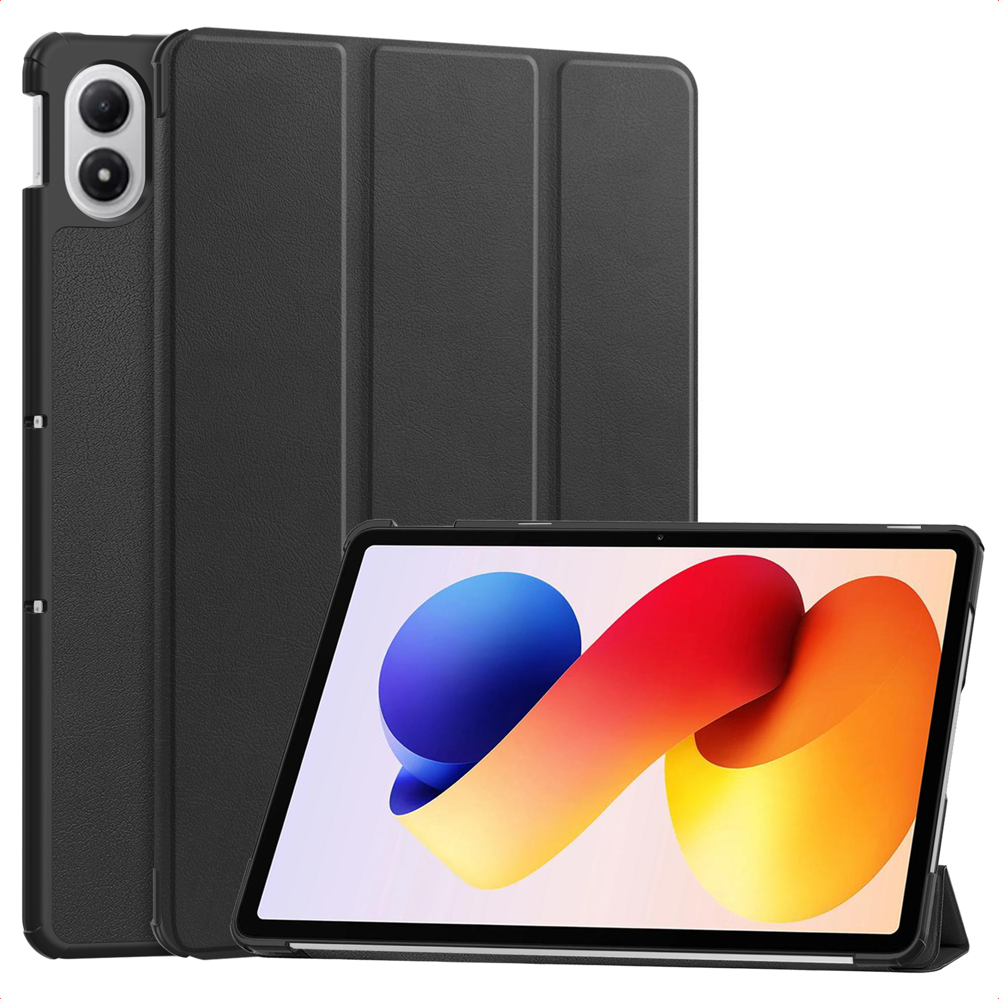 Een tablet met een zwarte hoes, met een kleurrijke abstracte afbeelding op het scherm, tegen een witte achtergrond.