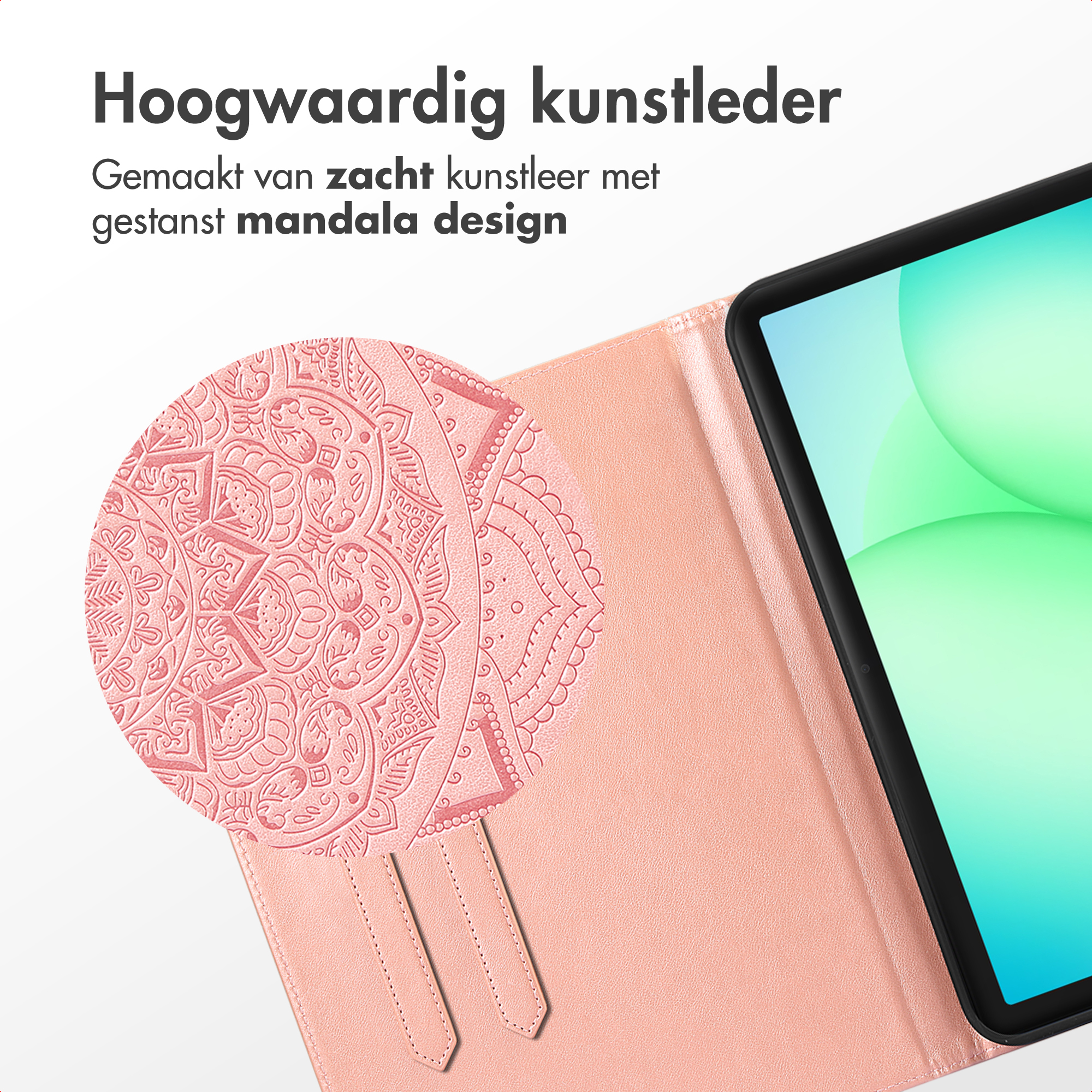 Pink leather tablet case with mandala design. A tablet is visible on the right. Text: High-quality imitation leather.