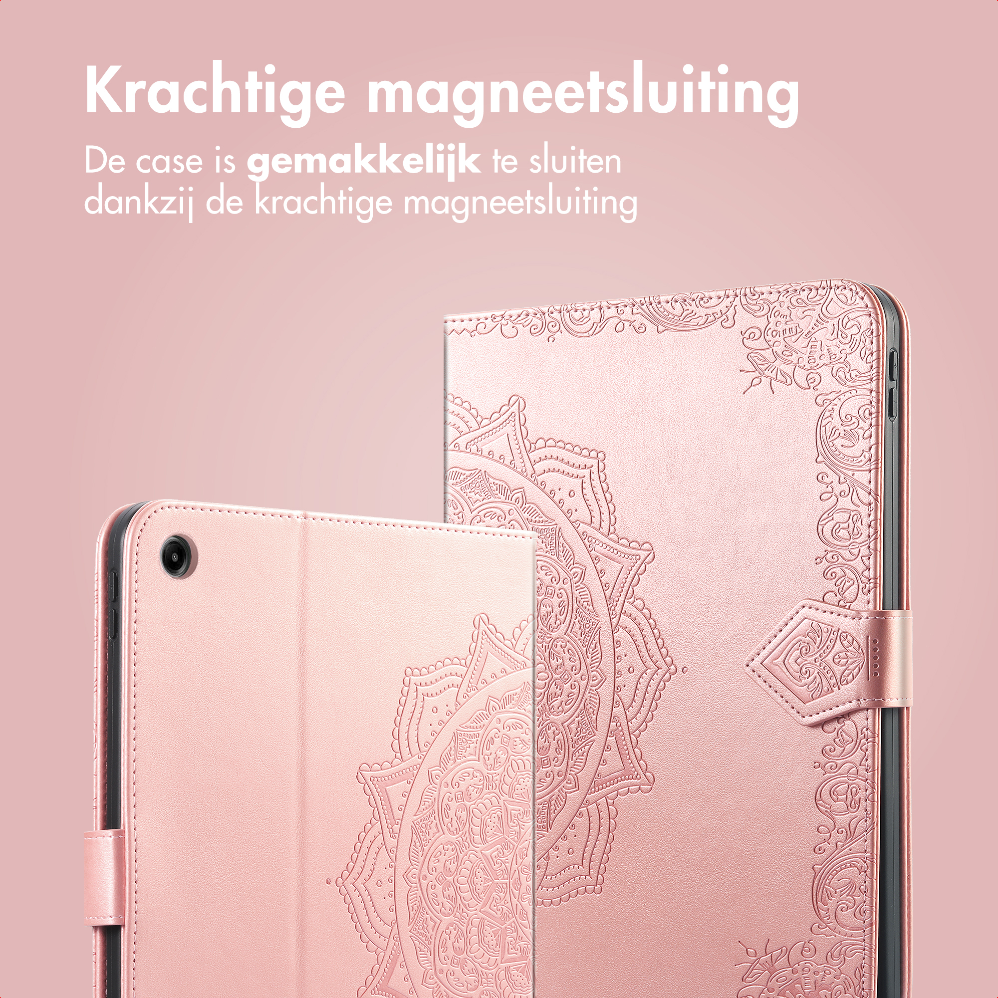Pink tablet case with a mandala design. The case is closed with a magnetic clasp.