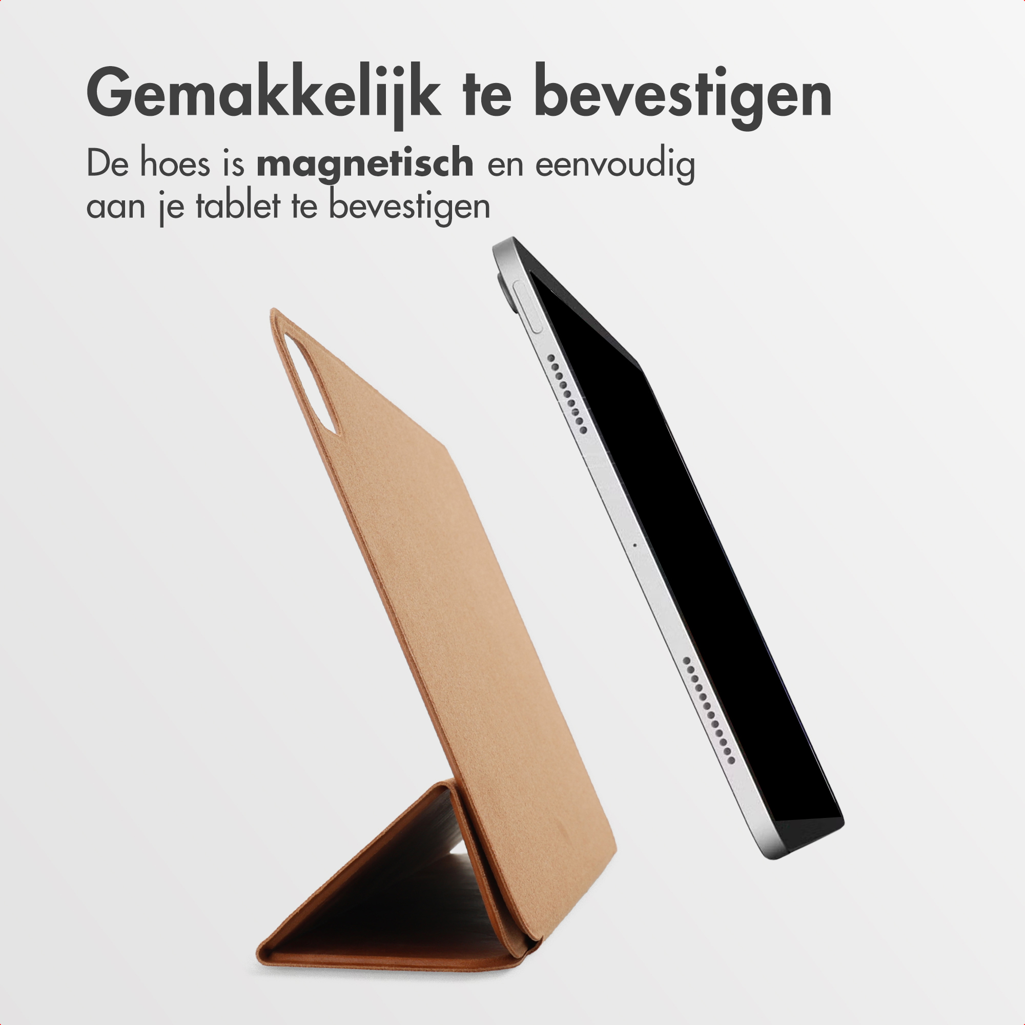 A tablet and a brown case. The case is magnetic and easy to attach.