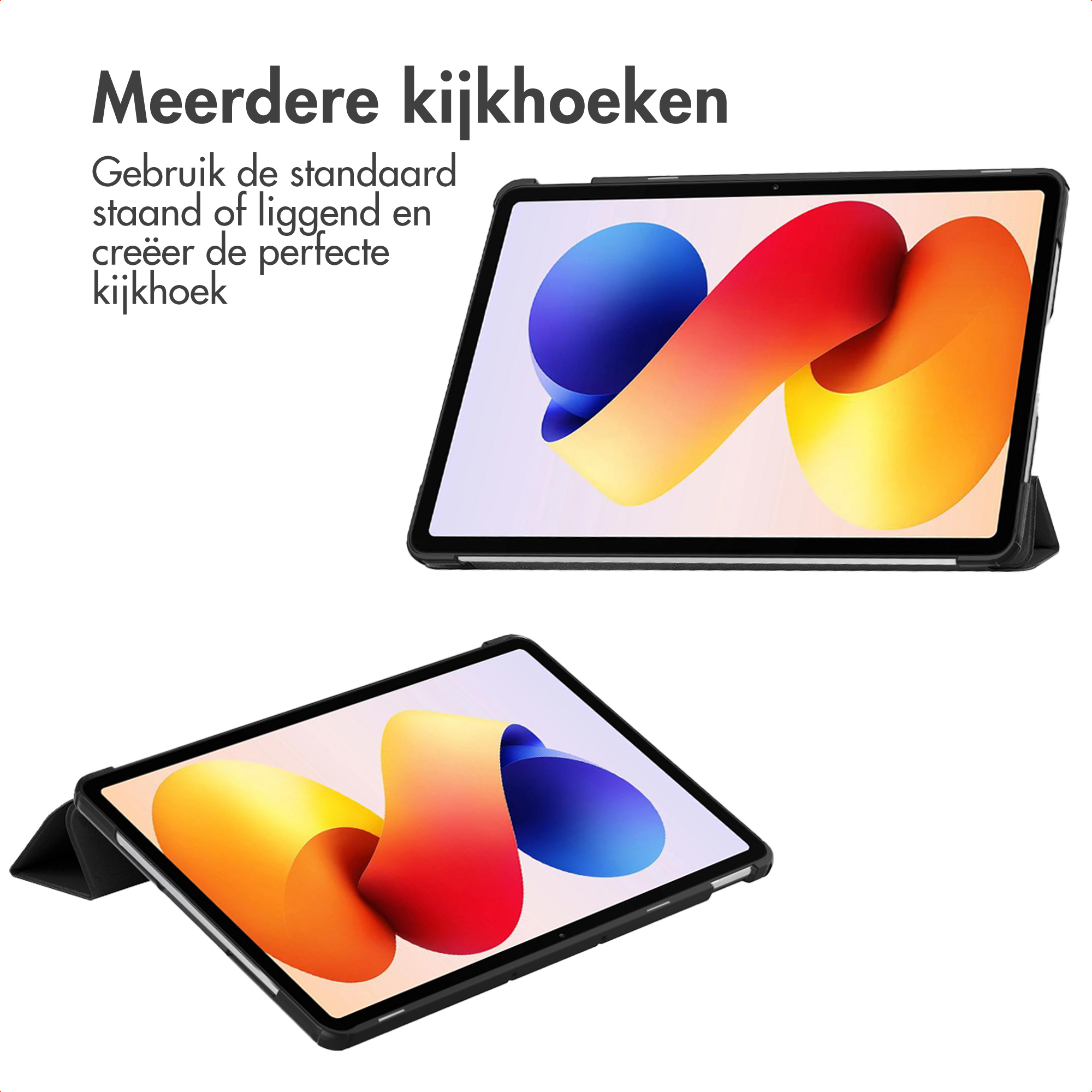 Twee tablets in zwarte hoesjes met kleurrijke abstracte achtergronden. Tekst in het Nederlands bovenaan.