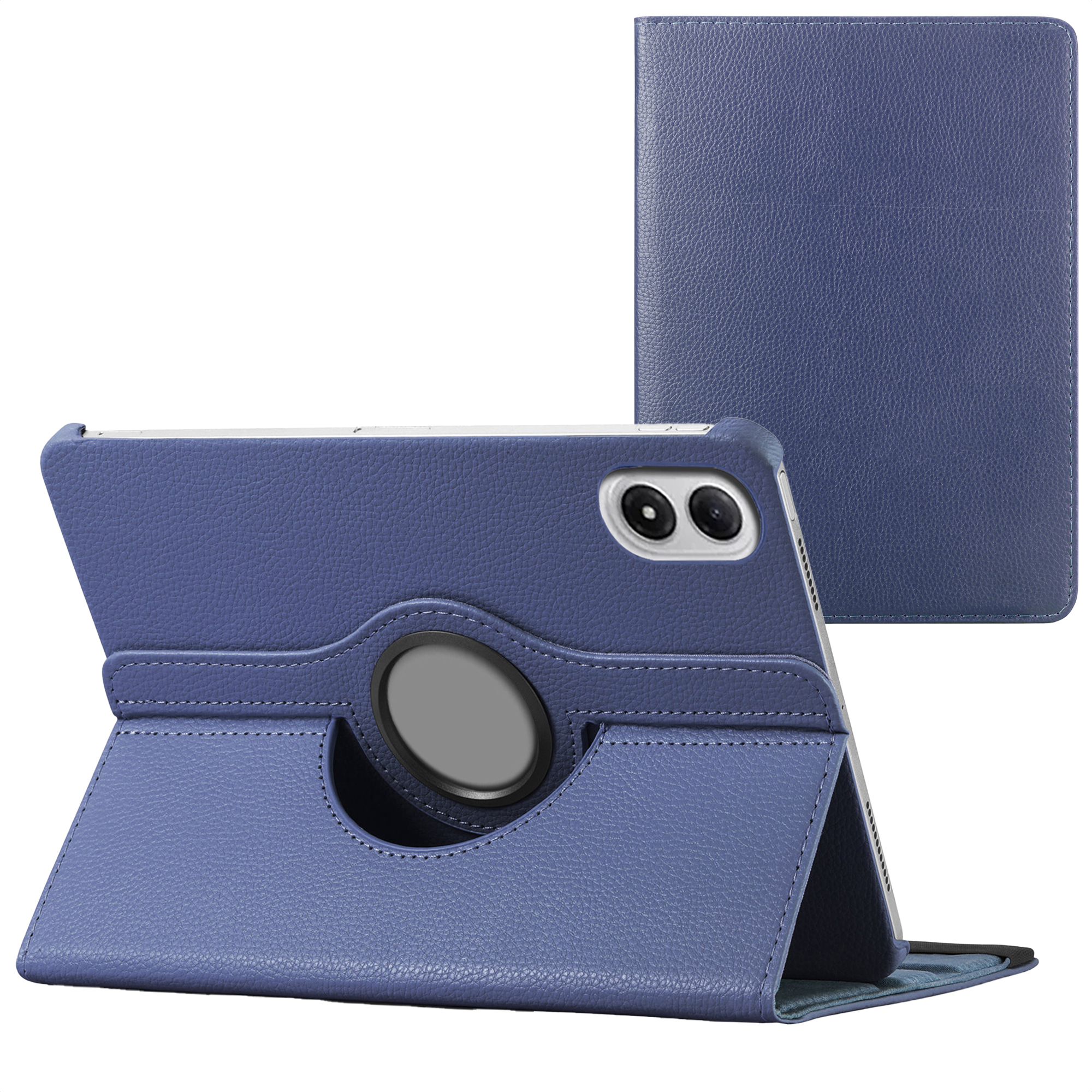 Een blauwe tablethoes, open en opgevouwen met de tablet erin. Een gesloten hoes is zichtbaar op de achtergrond.