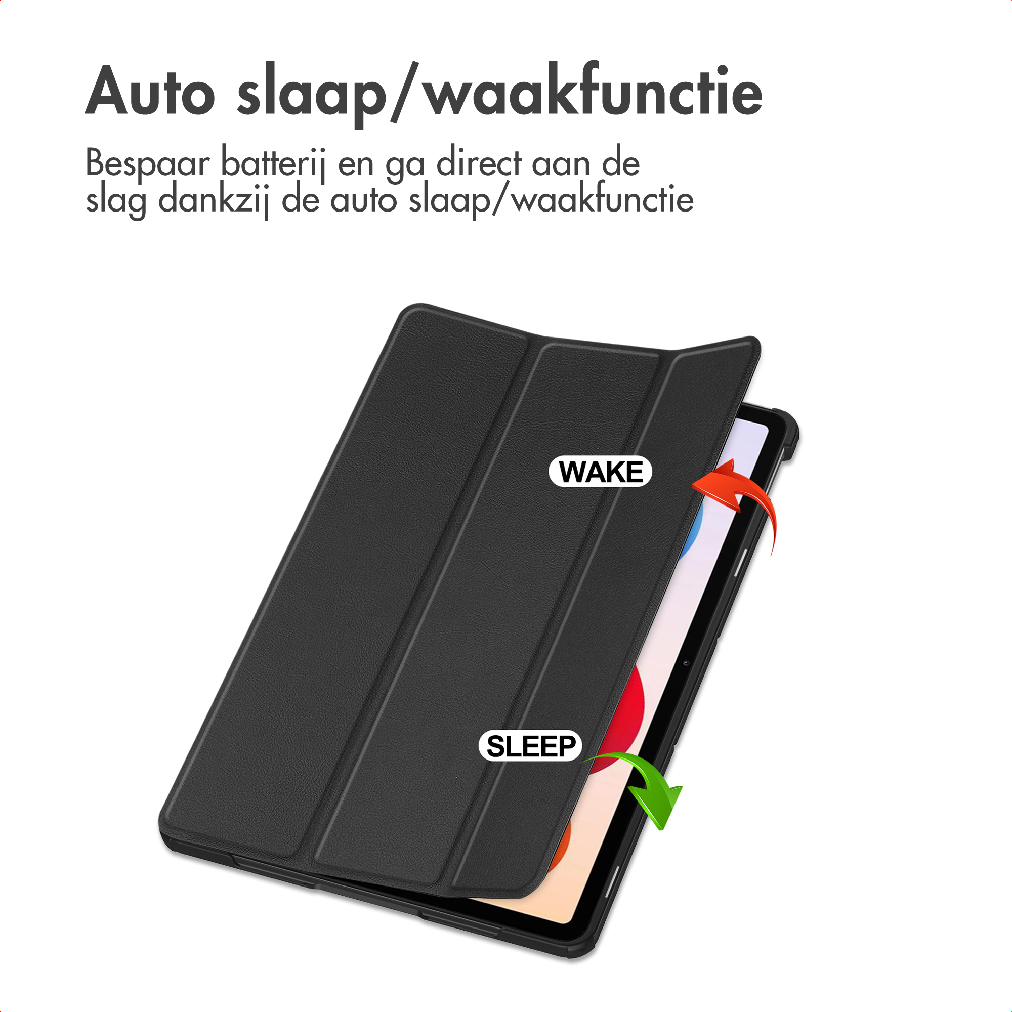 Zwarte tablethoes met 'Wake'- en 'Sleep'-labels, pijlen die acties aangeven. Tekst: Automatische slaap/waakfunctie.