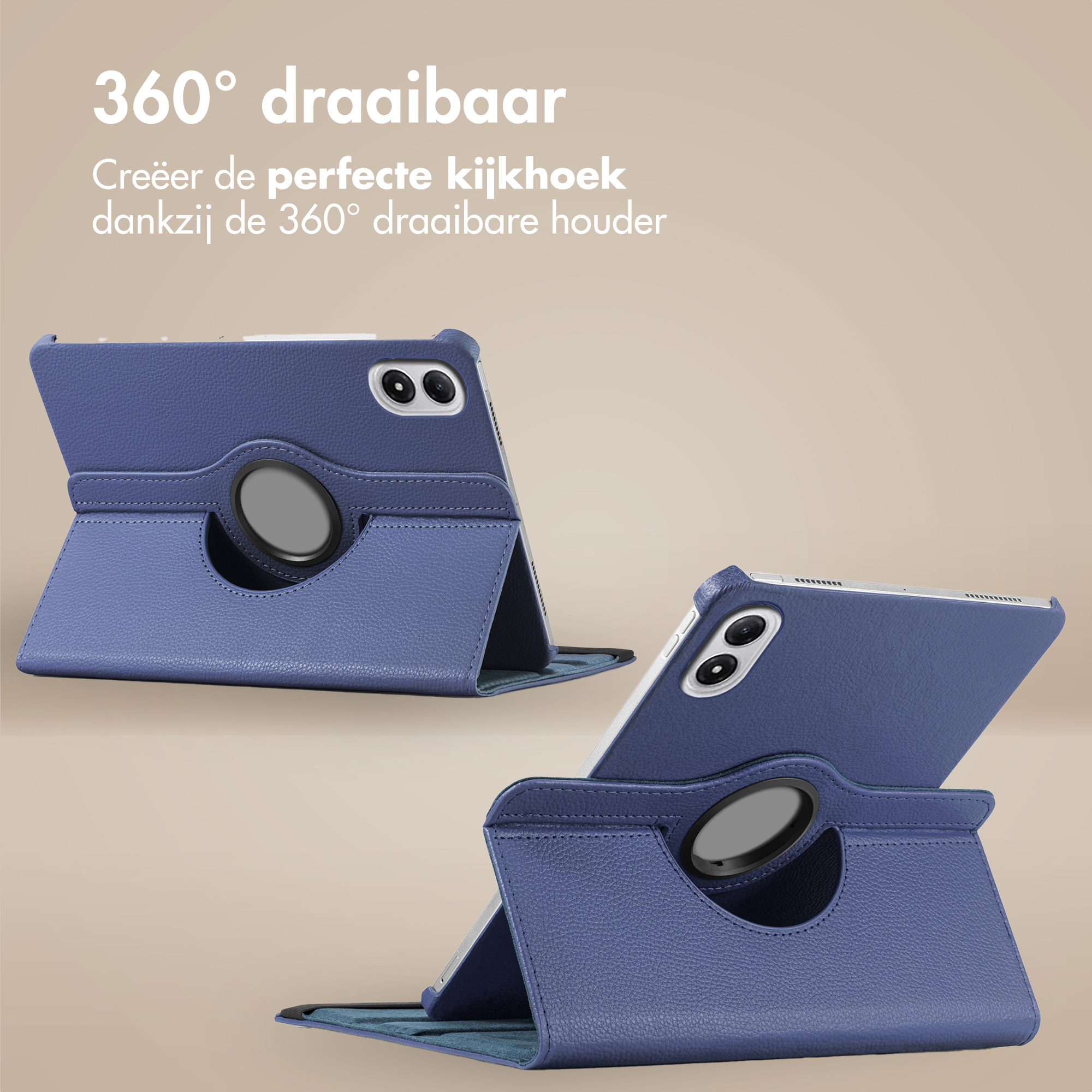 Twee blauwe tablethoezen met 360 graden draaibare houders worden getoond tegen een lichtbruine achtergrond.