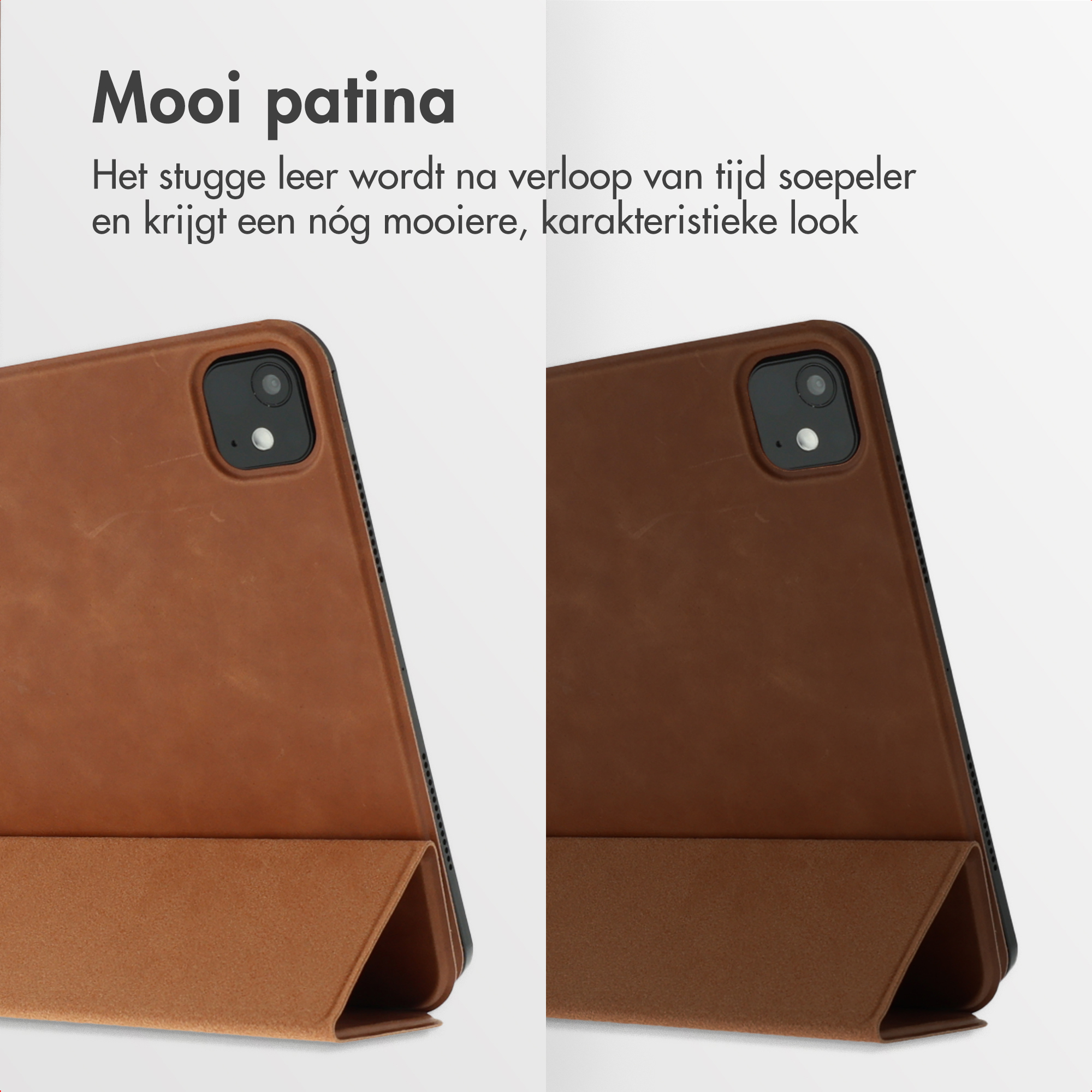 Two brown leather tablet cases. One is lighter, the other darker. Text: 'Mooi patina'.