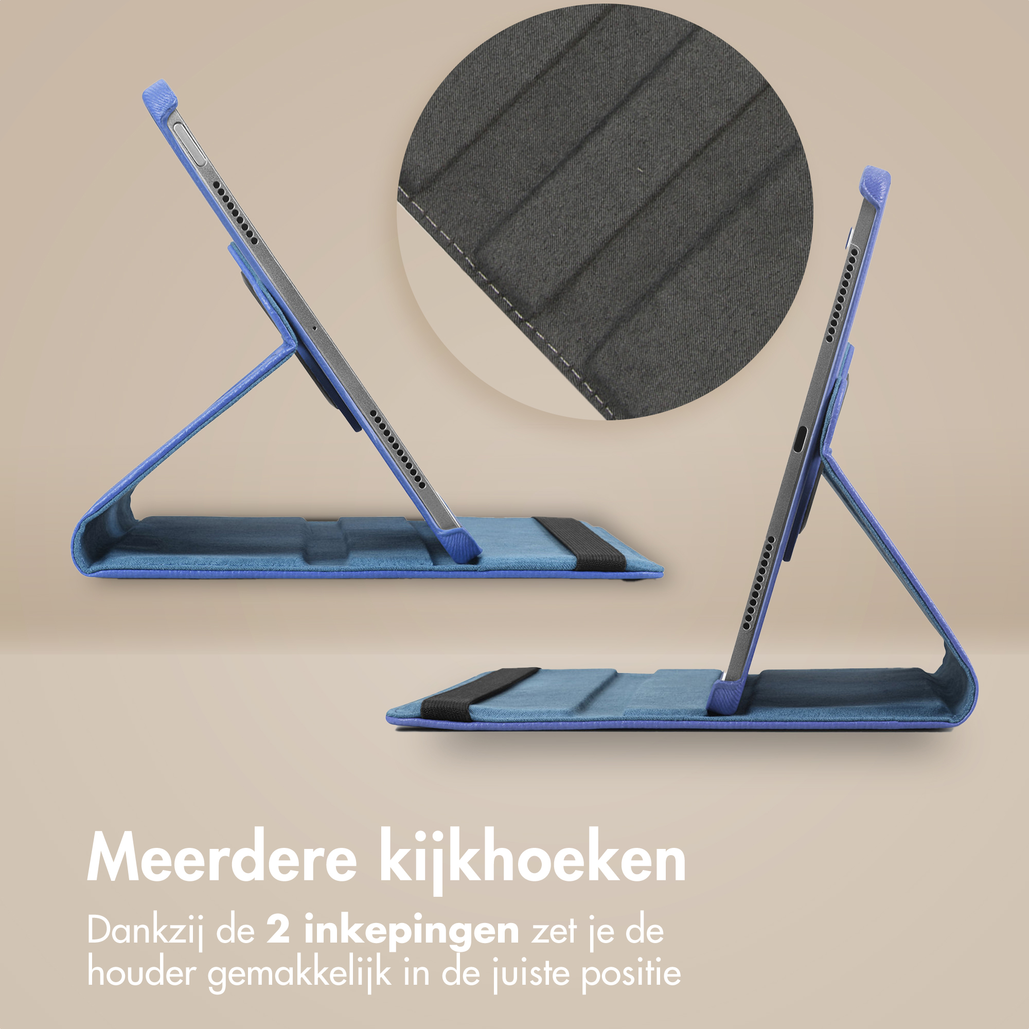 Blauwe tablethoes met standaard. De hoes heeft een zwarte band en een close-up van de binnenstof.