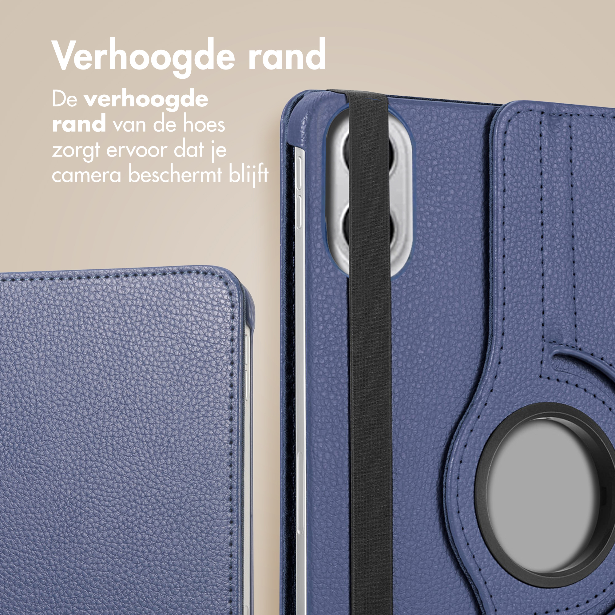 Close-up van een blauwe telefoonhoes met zwarte band en camera-uitsparing. De hoes heeft een textuuroppervlak.