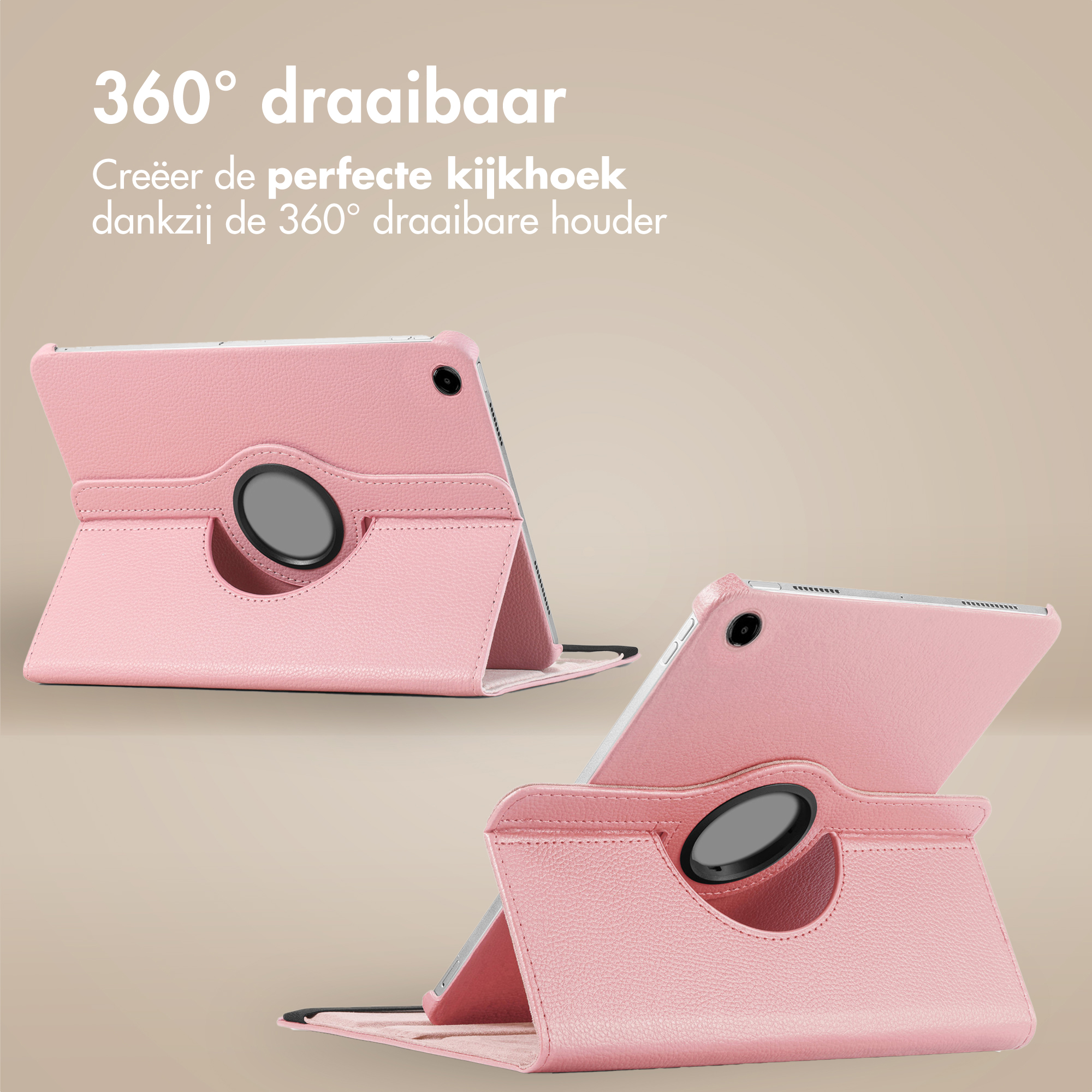 Étuis de tablette roses avec support rotatif à 360 degrés, fond dégradé beige-marron.