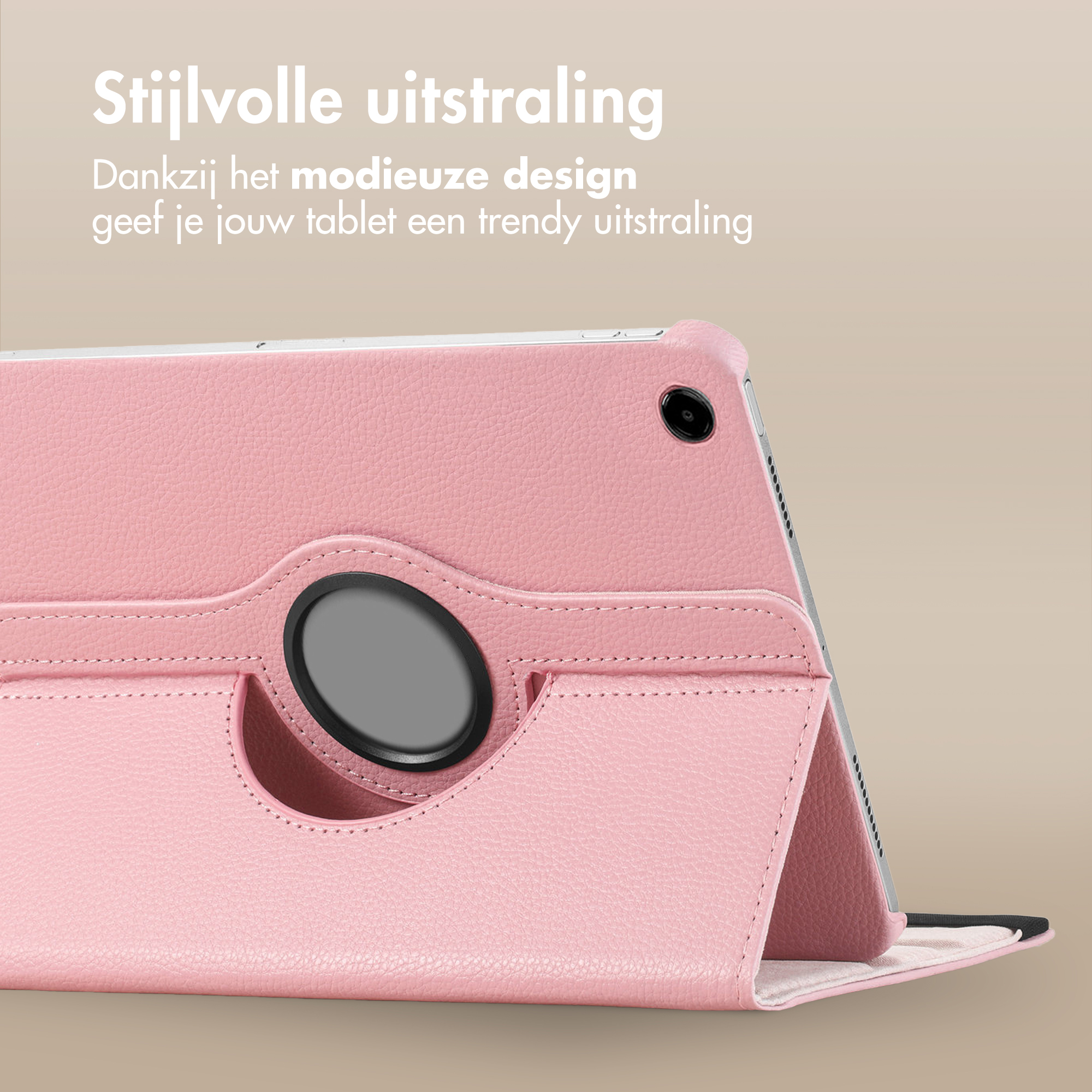 Étui de tablette rose avec fonction support. L'étui a une surface texturée et un support circulaire.