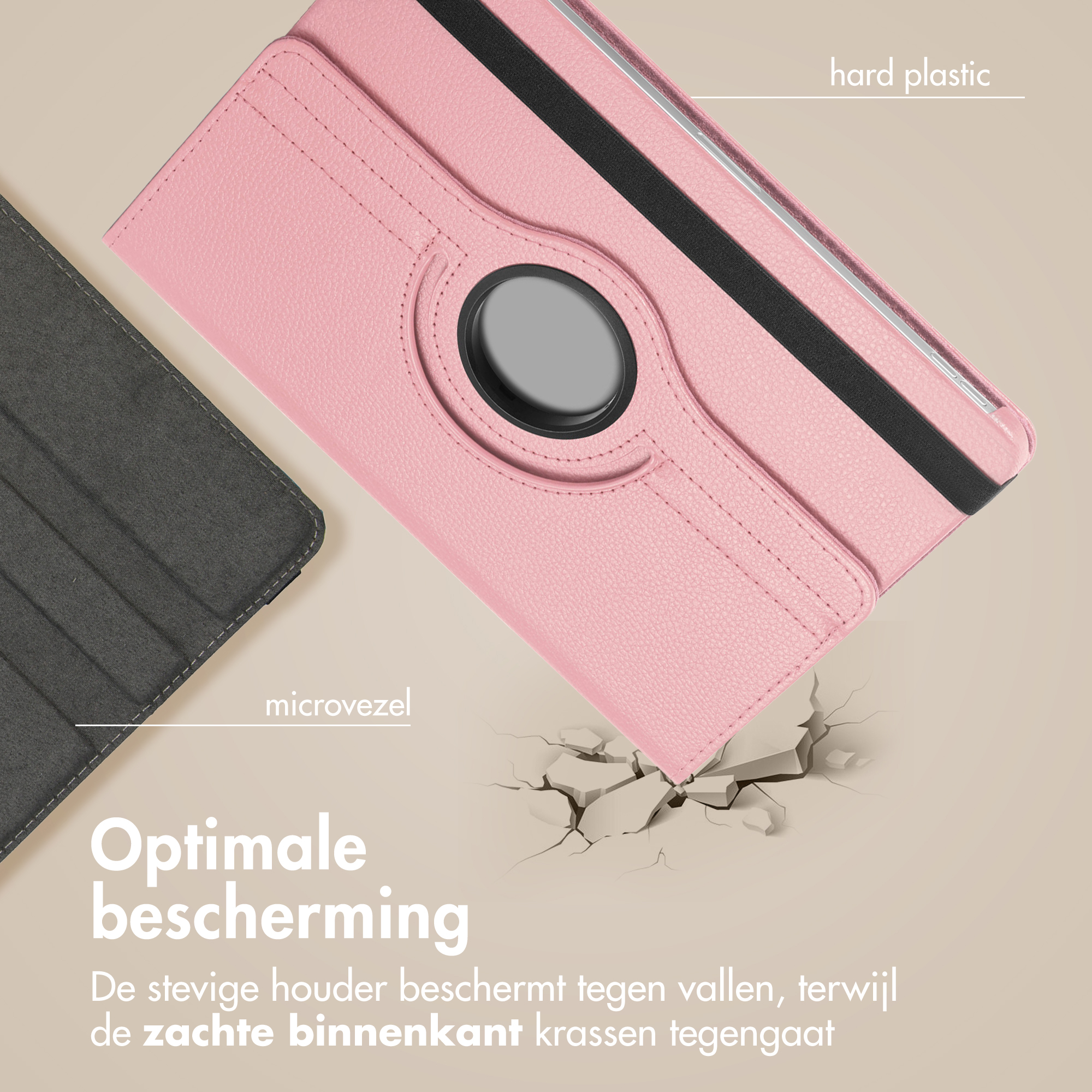 Étui de tablette rose avec sangle noire. Un étui gris dans le coin. Texte : protection optimale et le support protège des chutes.