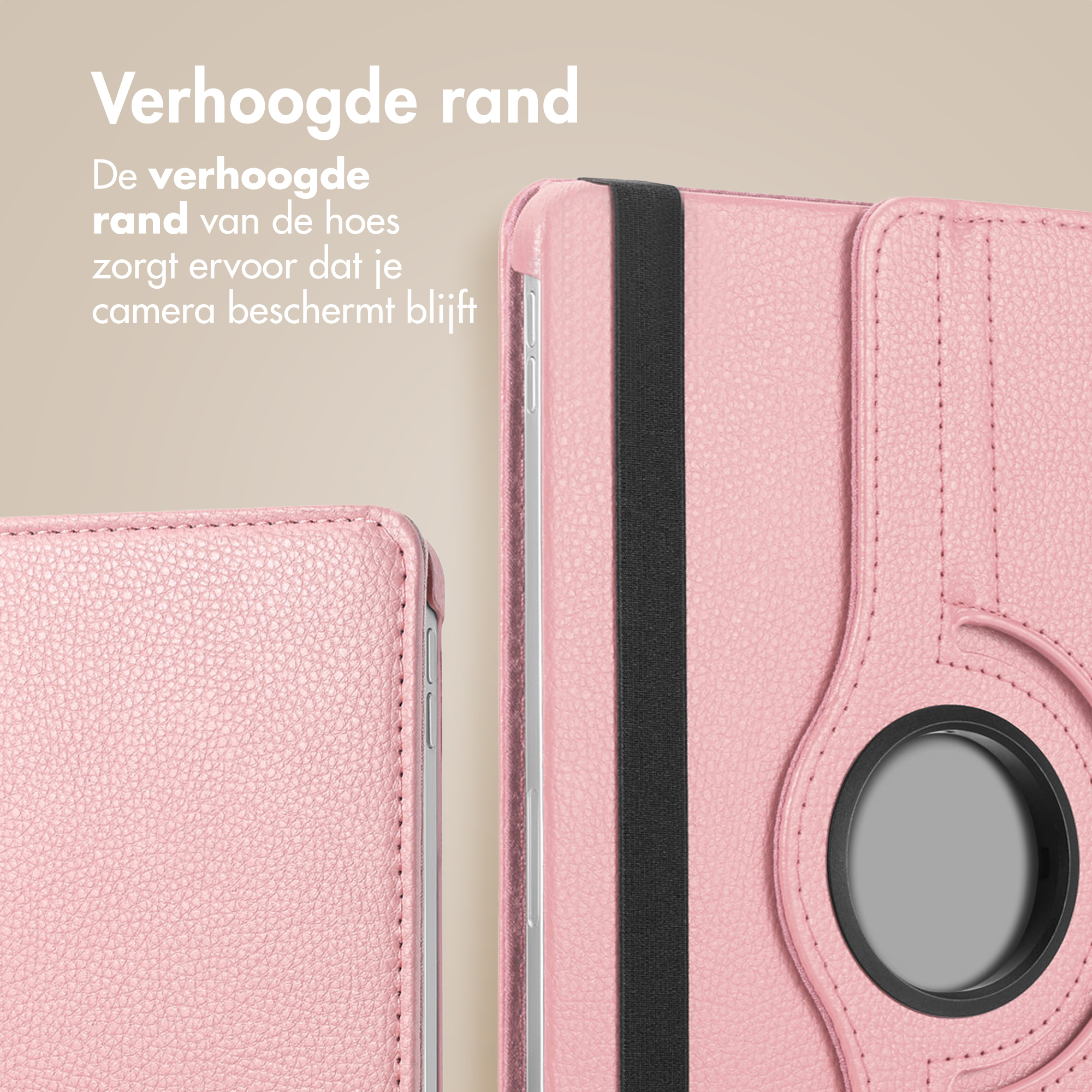 Étui de tablette rose avec une sangle noire et un bord surélevé. Le texte dit: 'Le bord surélevé protège la caméra'.