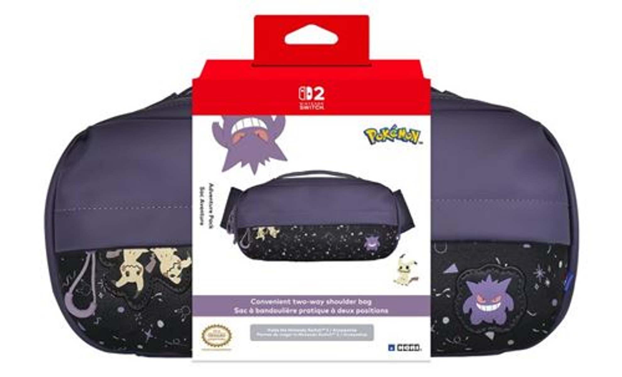 Fioletowa torba na ramię Pokemon jest pokazana z czerwoną skrzynką na górze. Torba ma postacie Pokemon. Na pudełku jest napis Pokemon.