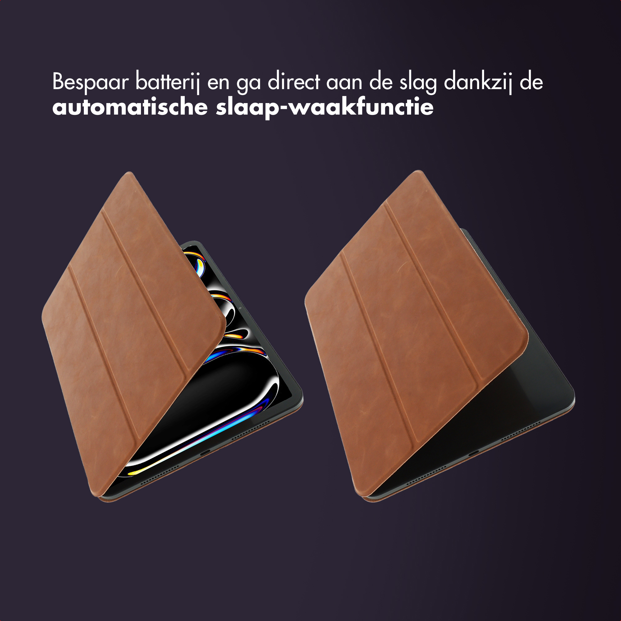 Deux tablettes avec des étuis marron sur fond sombre. Le texte mentionne l'économie de batterie et la mise en veille/réveil automatique.
