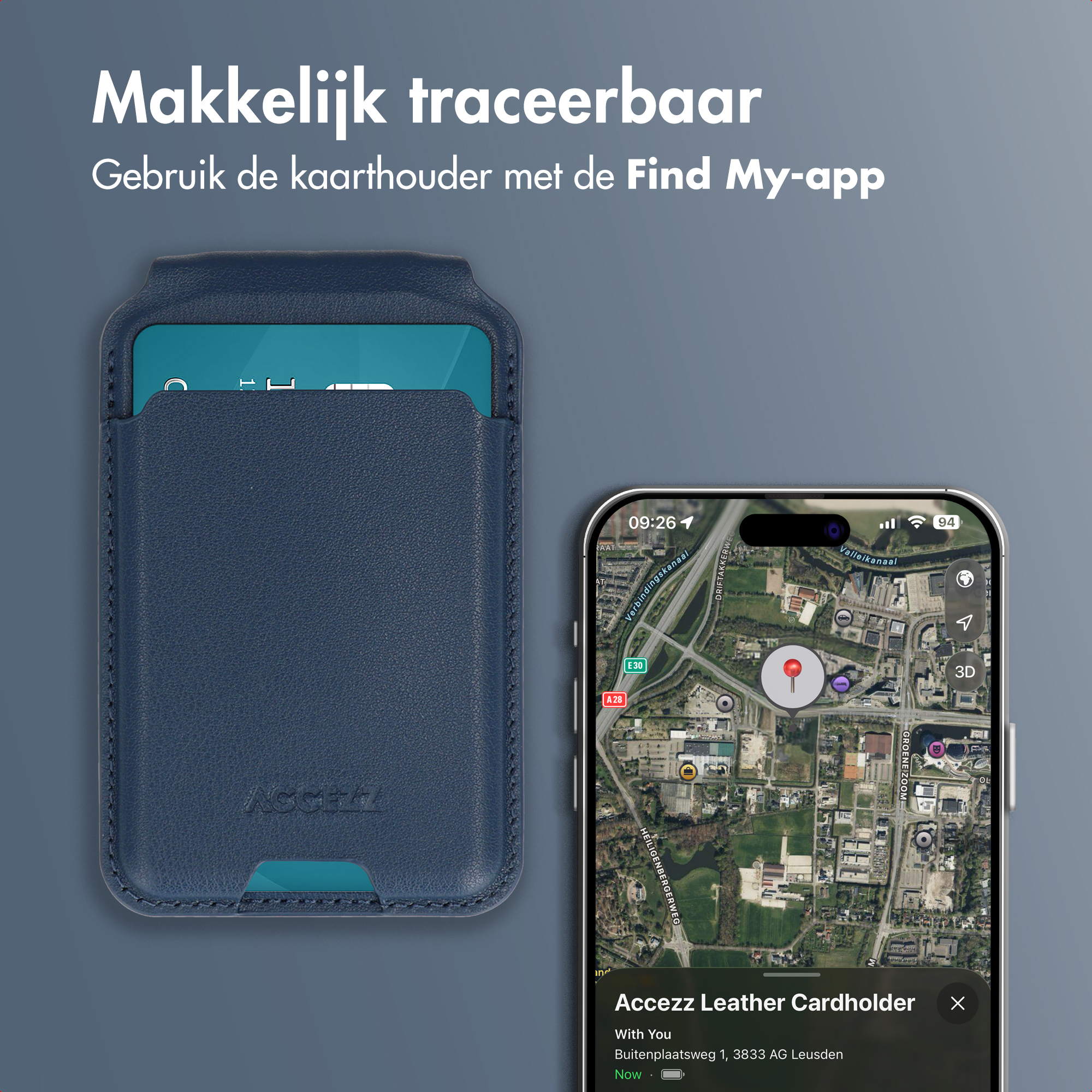 Een blauwe kaarthouder met een kaart erin en een telefoon met een kaart van een locatie.