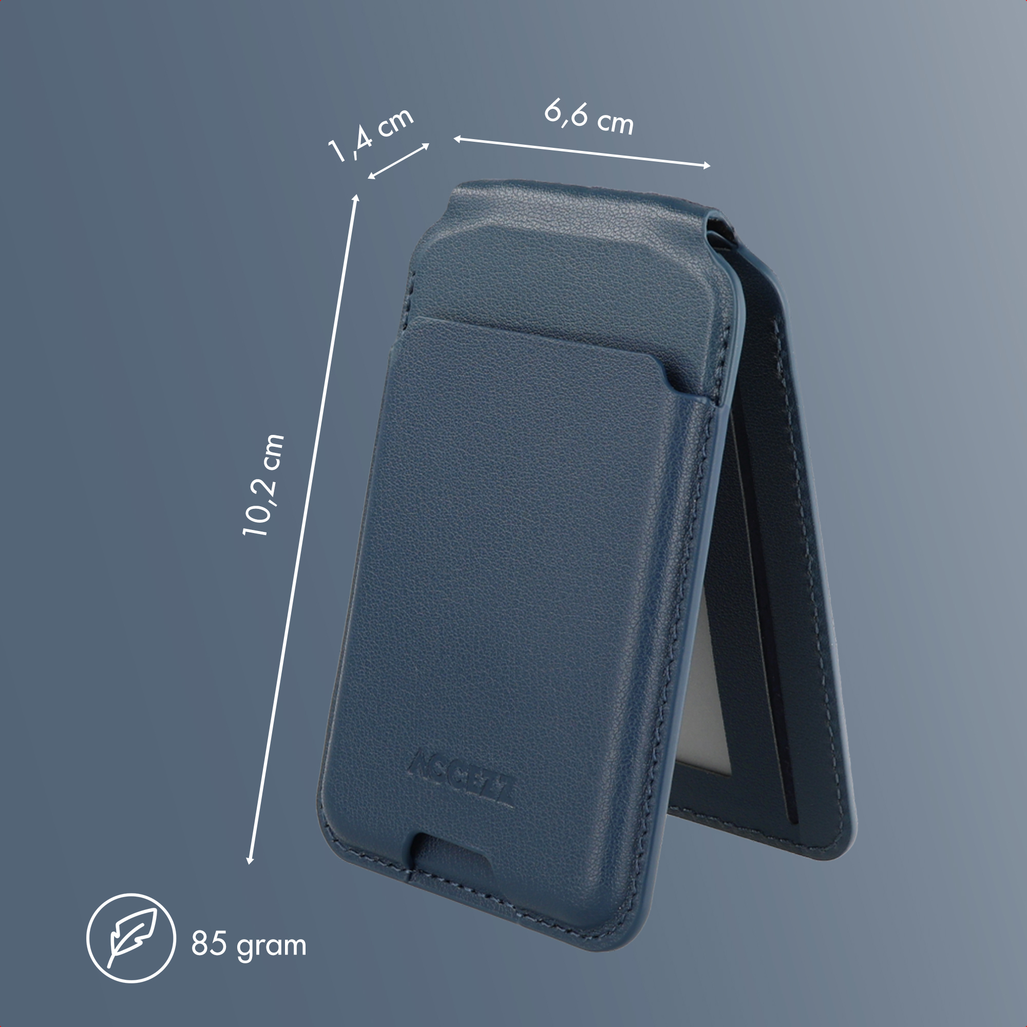 Een blauwe telefoonhoes met afmetingen: 10,2 cm, 6,6 cm en 1,4 cm. Het weegt 85 gram.