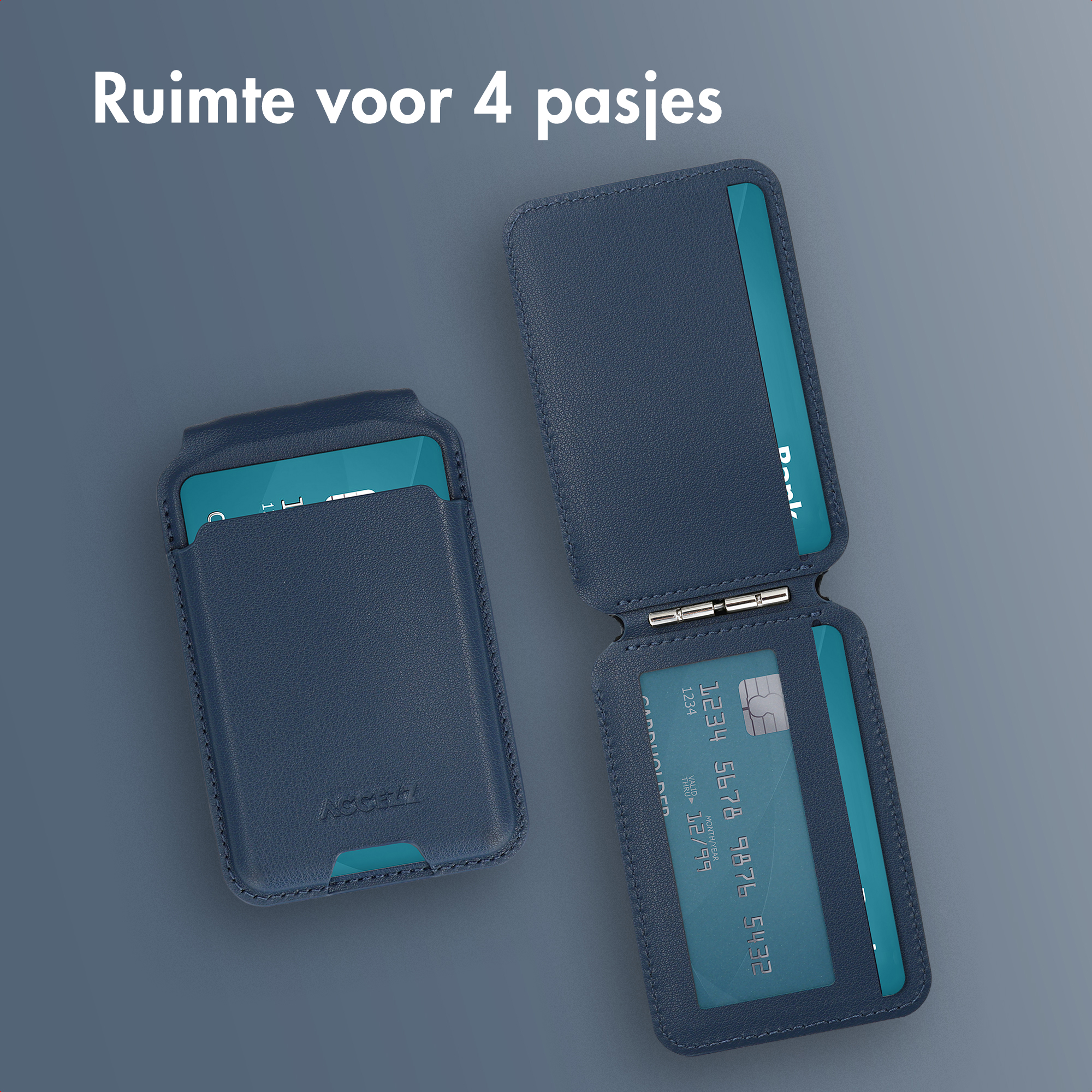 Blauwe leren portemonnee met creditcard erin. Open portemonnee met kaart zichtbaar, en links gesloten.