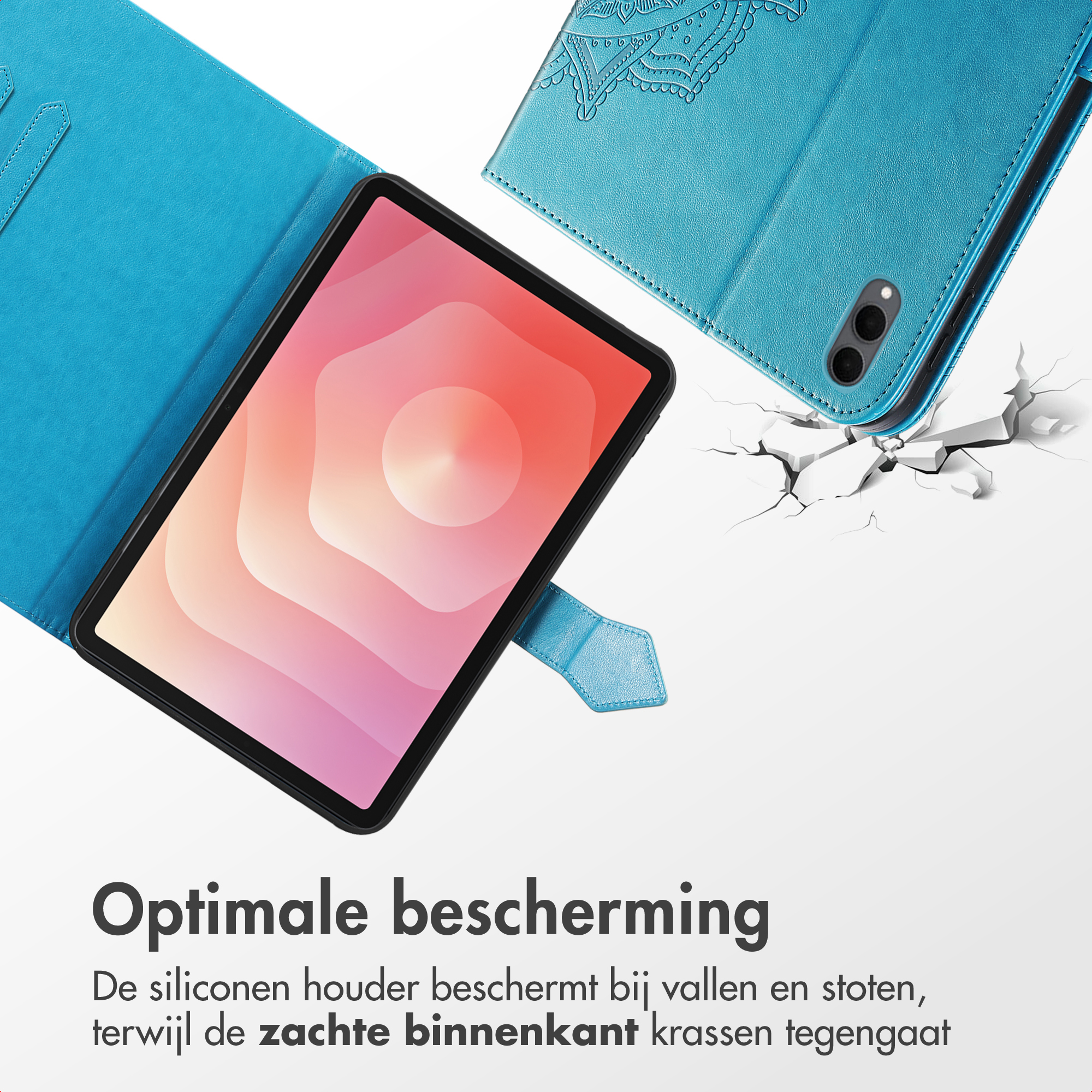 A tablet in a blue case, with a pink screen. The case is on a white background, with cracks.