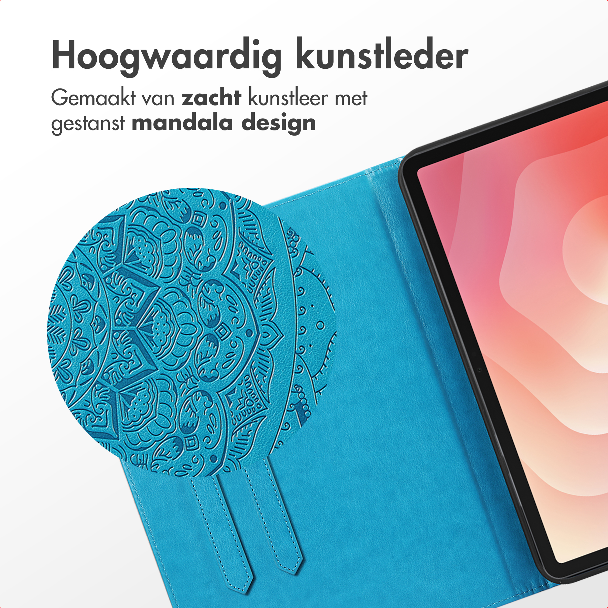 A blue tablet case with a mandala design. An open tablet displays a pink and orange screen.