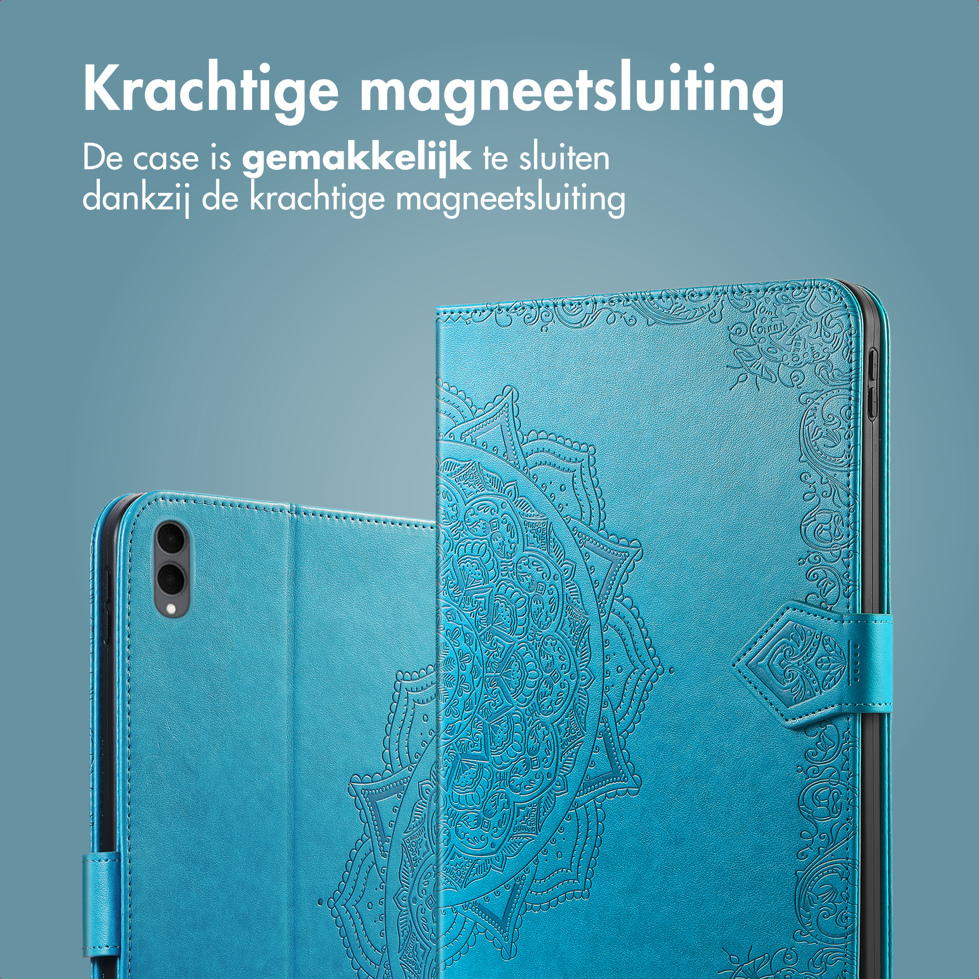 Blue tablet case with mandala design. It is magnetic and easy to close. Text says 'magnetic closure'.