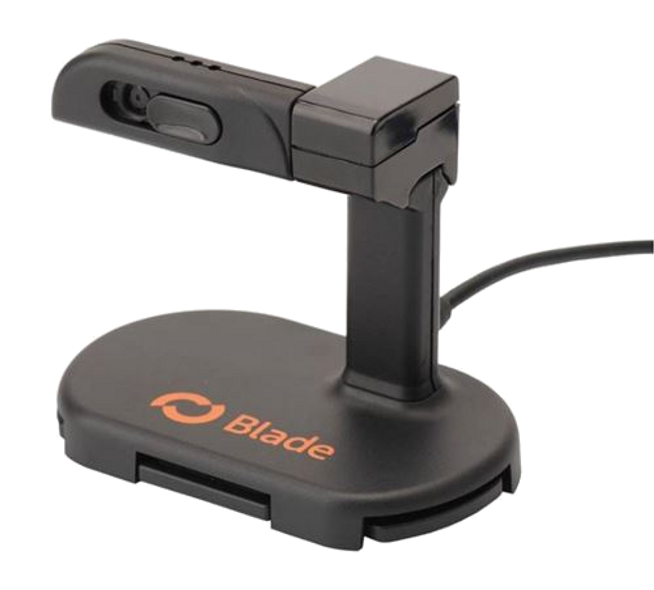 Una cámara de documentos Blade negra. Tiene una base, un soporte vertical y un brazo de cámara ajustable. Un cable se conecta a la base.