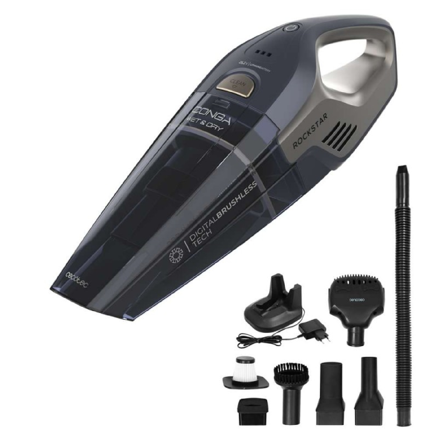 Una aspiradora de mano con accesorios. La aspiradora es negra y gris, con la marca 'CONGA'. Los accesorios están abajo.