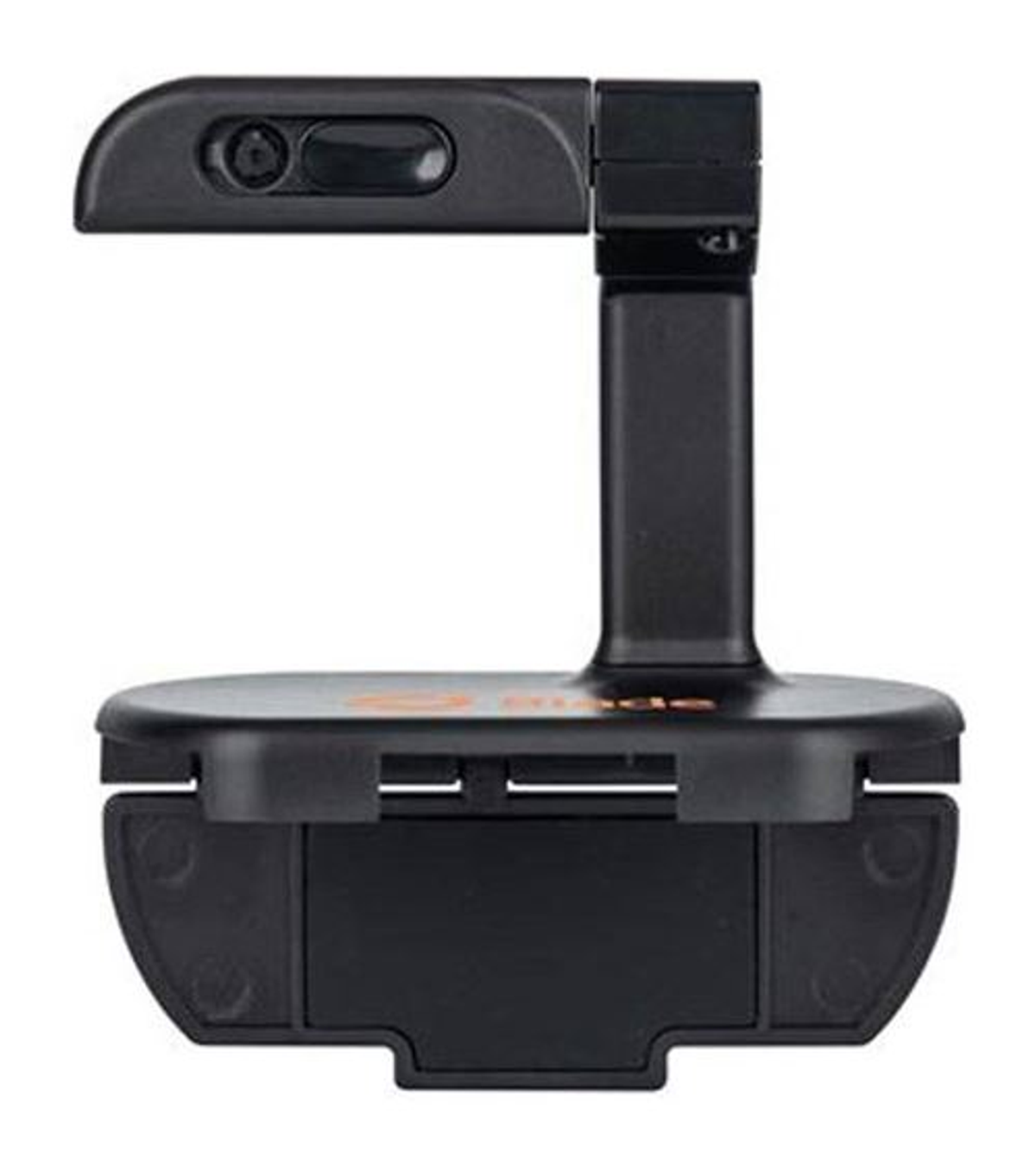 Un dispositivo negro con una cámara en la parte superior, un soporte vertical y una base. Parece una webcam.