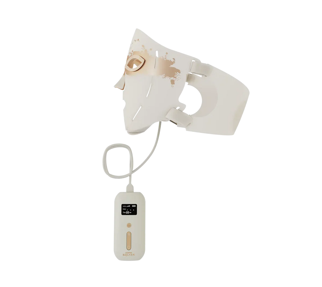 Una mascarilla facial blanca con una unidad de control color crema. La máscara está conectada a la unidad por un cable blanco.