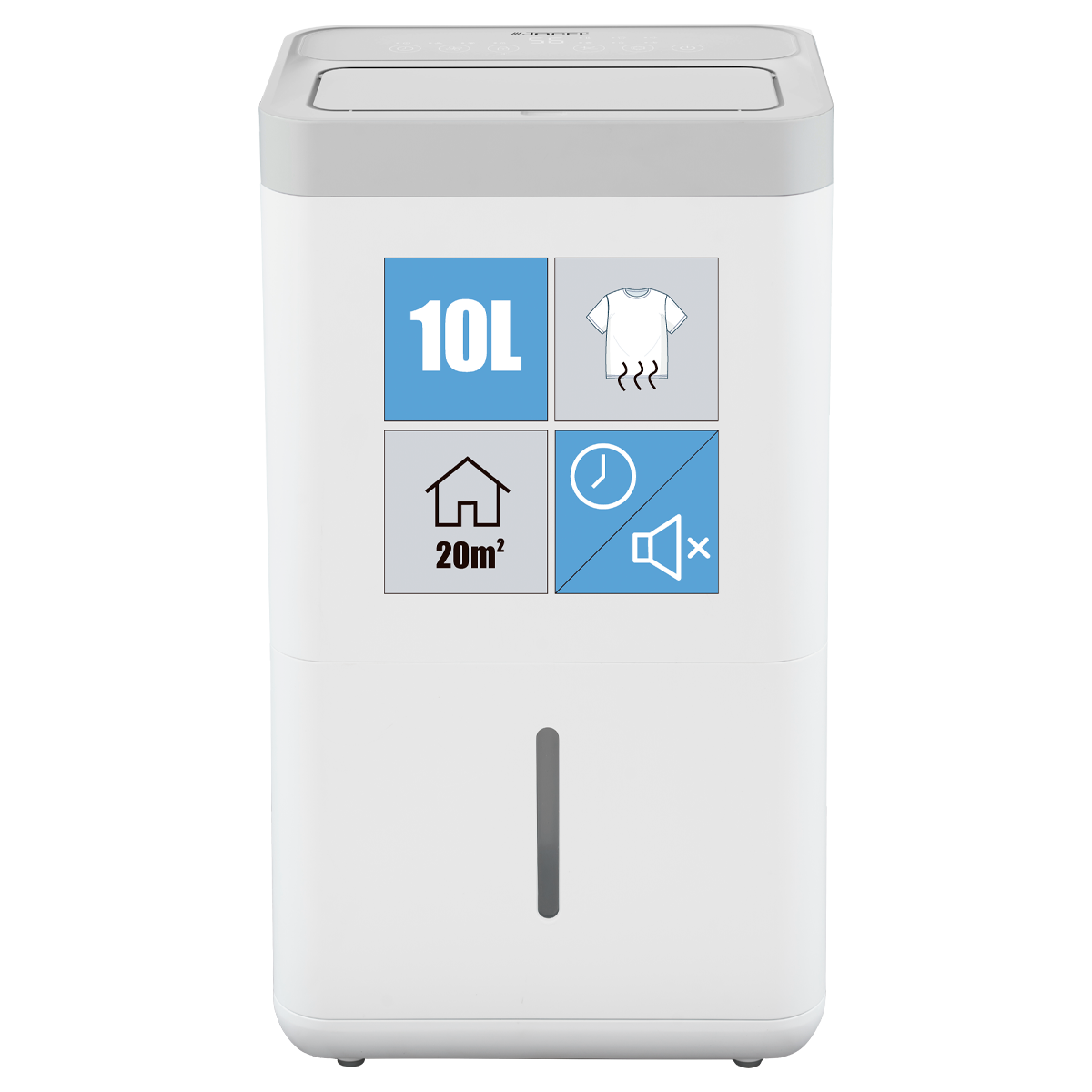 Deumidificatore bianco con parte superiore grigia. Quadrati blu mostrano capacità 10L, asciugatura bucato, copertura 20m², timer e modalità silenziosa.