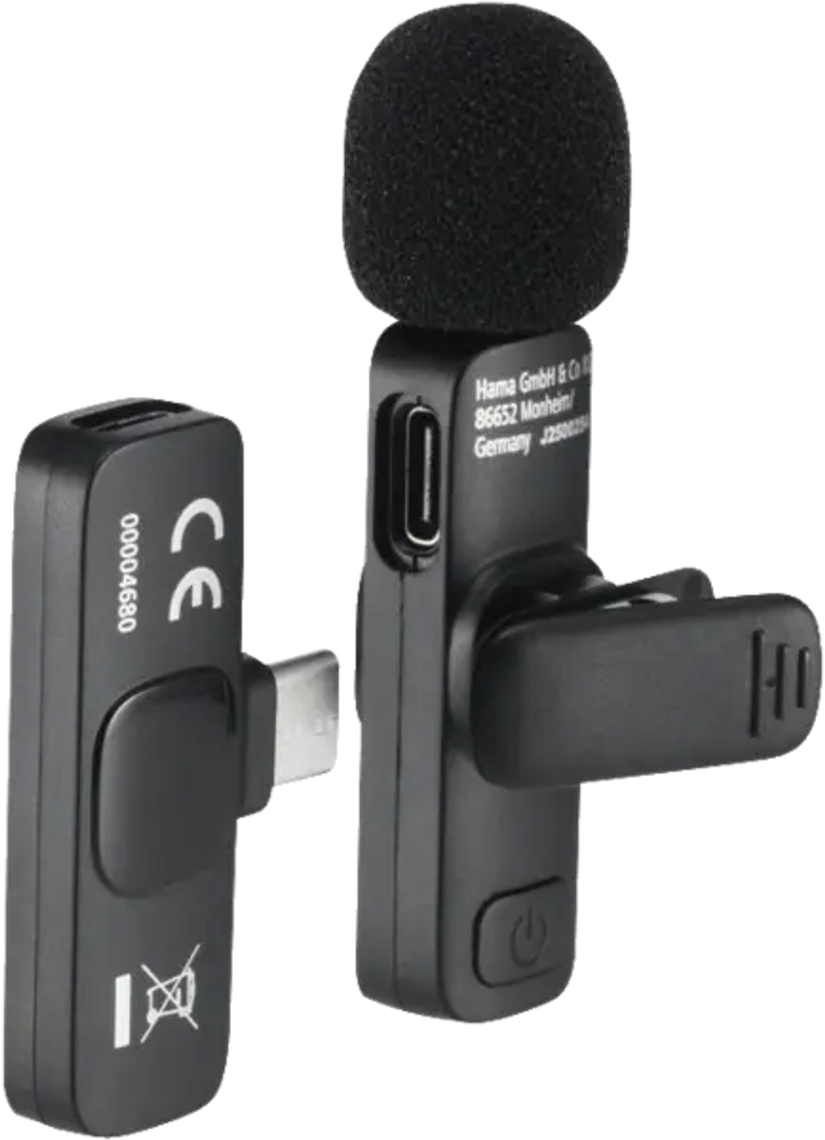 Dwa czarne odbiorniki audio z mikrofonem. Jeden ma złącze USB-C. Drugi ma klips i przycisk zasilania.