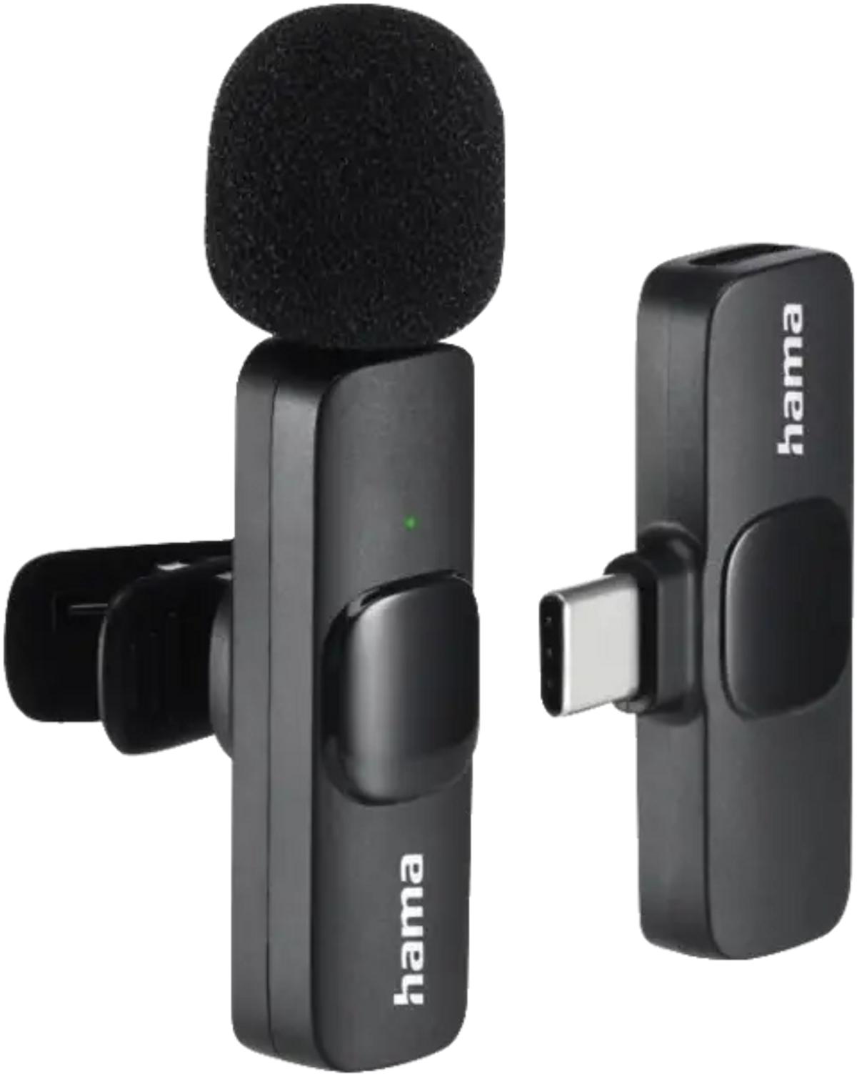 Czarny zestaw mikrofonów Hama. Zawiera mikrofon z klipsem i odbiornik z złączem USB-C.