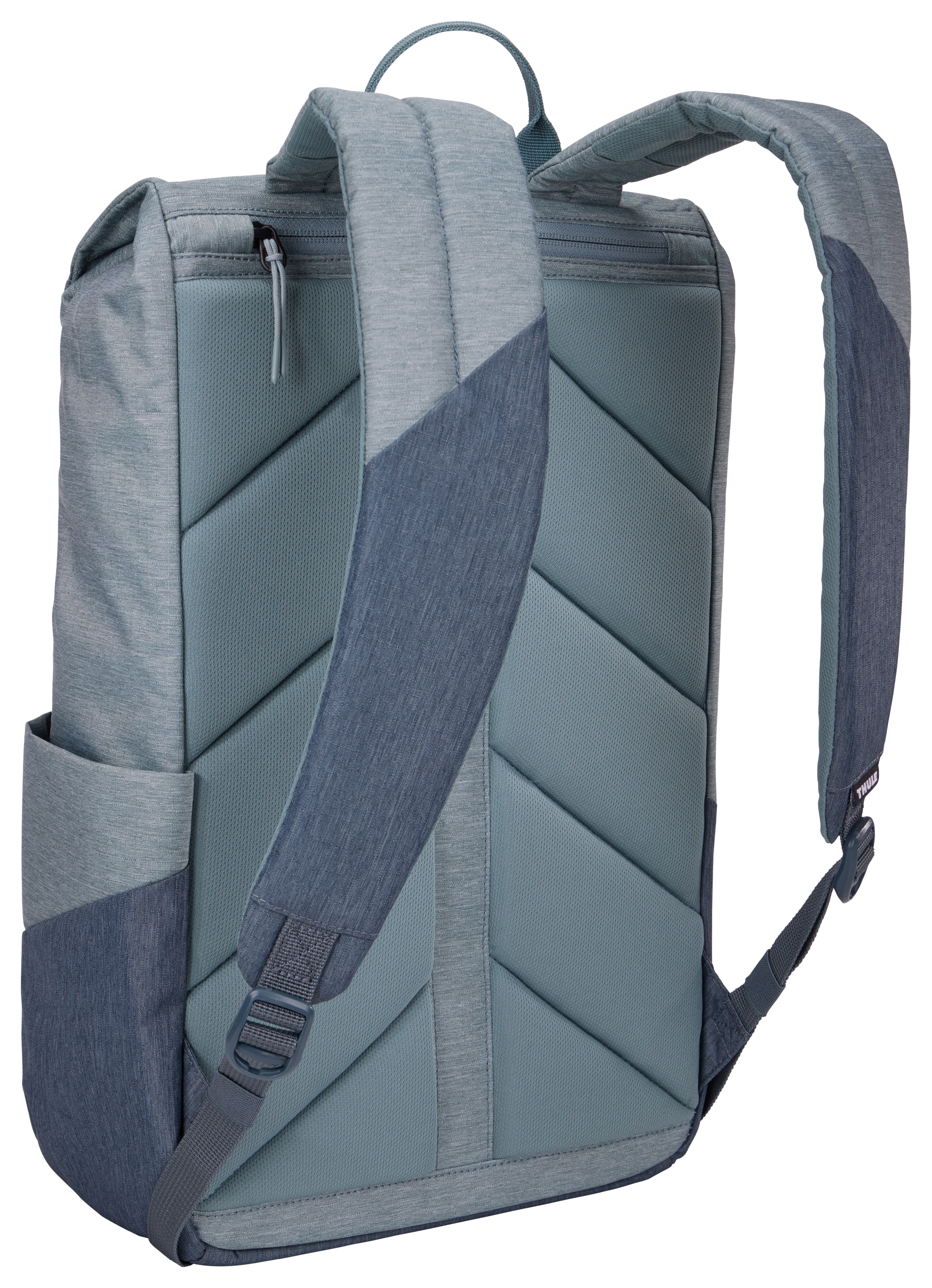Grauer und blauer Rucksack mit gepolsterten Trägern. Mit Reißverschluss oben und Seitentasche. Die Rückseite hat Diamantsteppung.