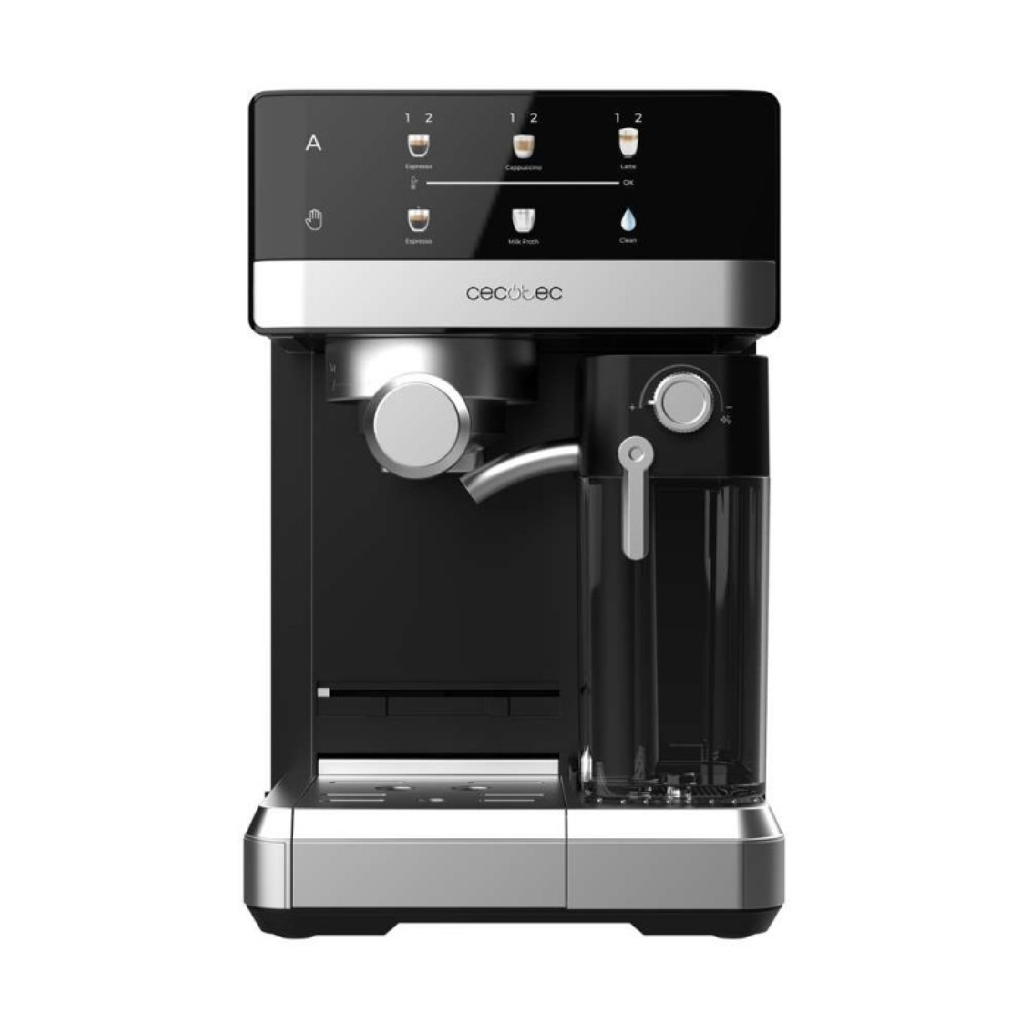Máquina de espresso negra y plateada con pantalla digital y botones para varias opciones de café.
