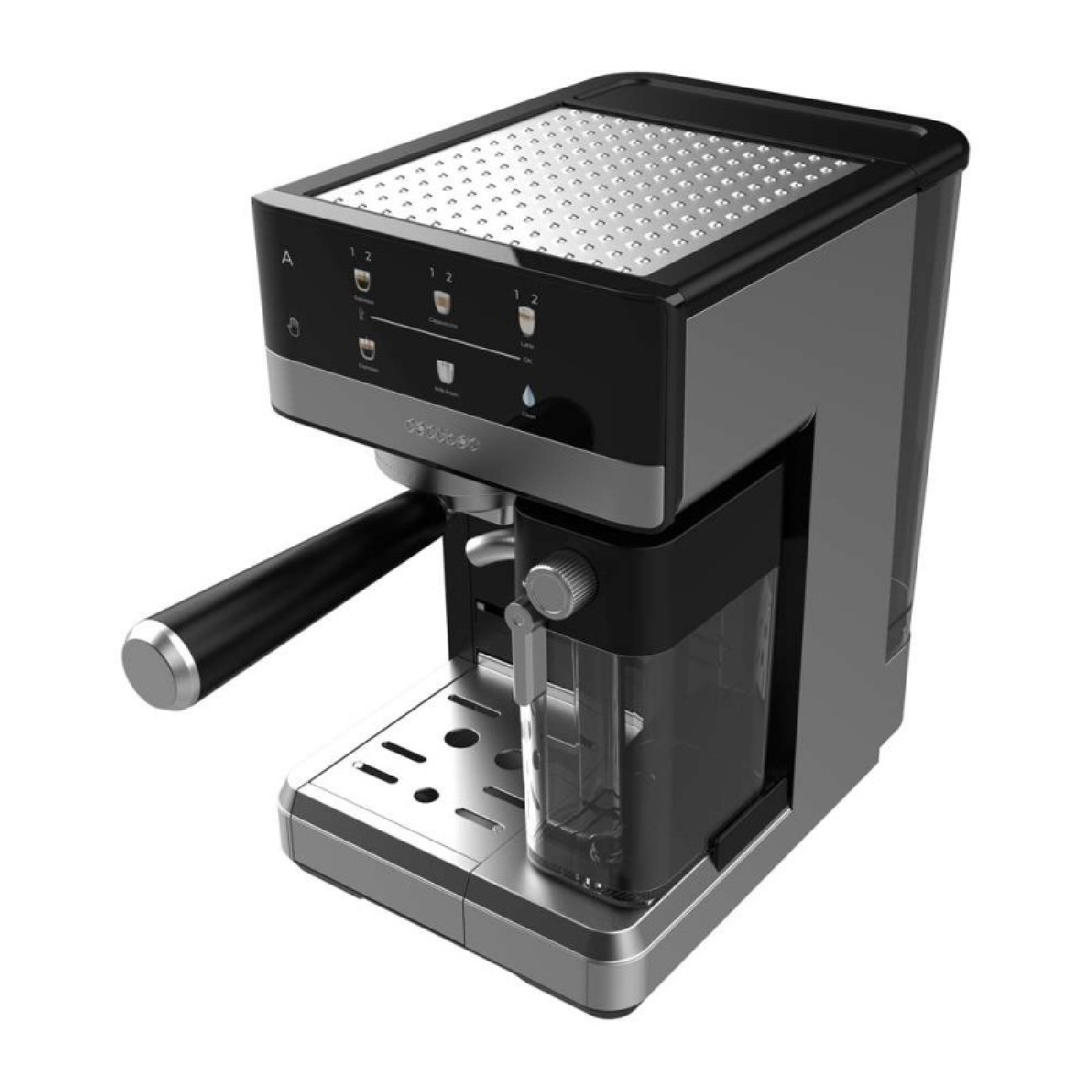 Una moderna máquina de espresso, negra y plateada. Tiene un depósito de agua, una boquilla de vapor y un portafiltro. Botones e iconos visibles.