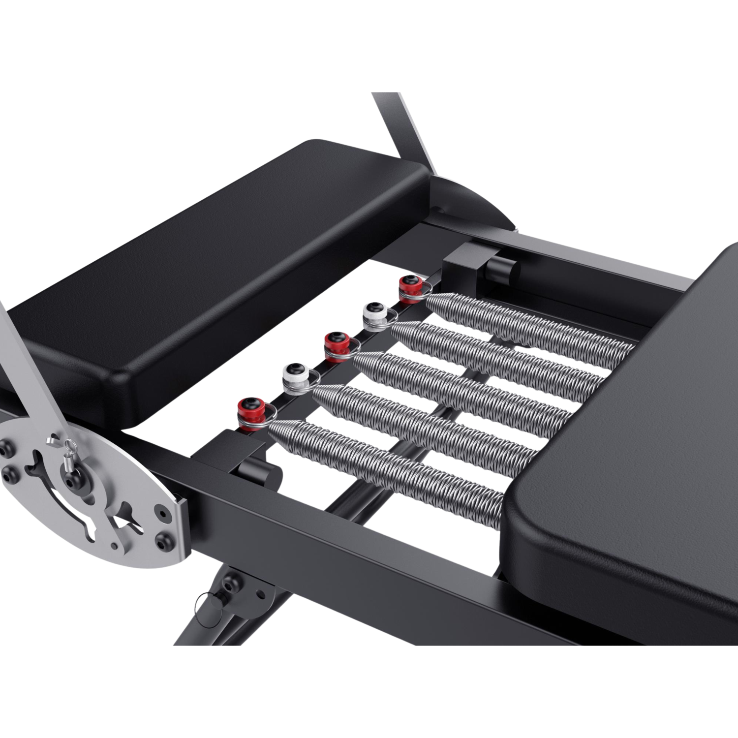 Een close-up van een zwarte fitnessmachine. Het heeft zwarte stoelen, zilveren veren en een zilveren metalen verstelmechanisme.