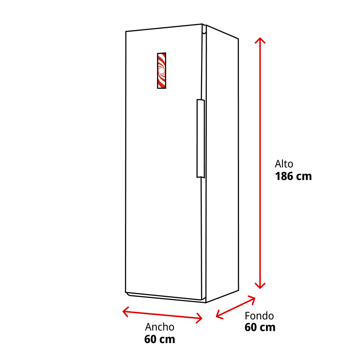 Un refrigerador blanco con dimensiones: altura 186 cm, ancho 60 cm y fondo 60 cm. Tiene un diseño rojo y blanco.