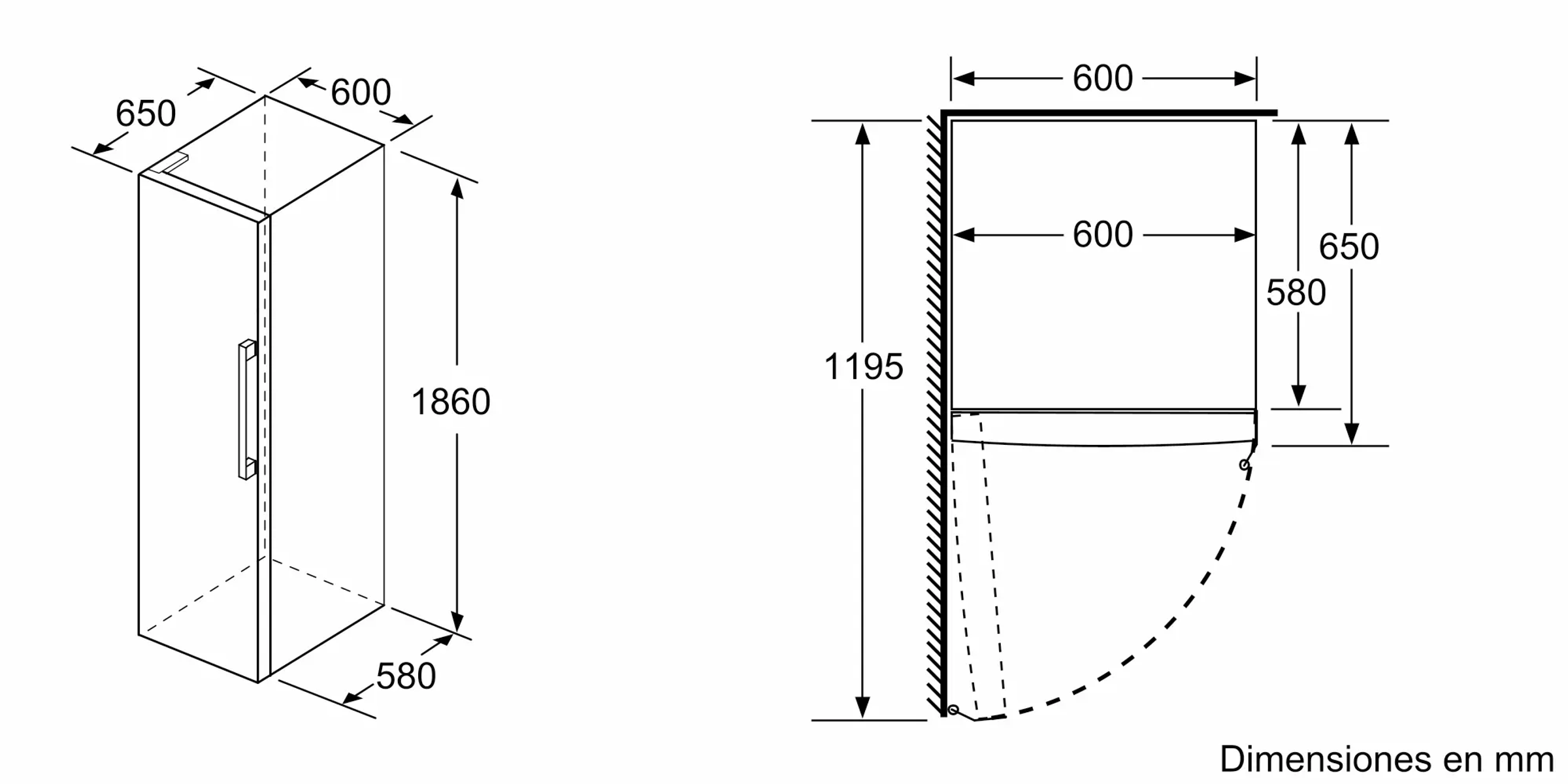 Dibujo técnico de un refrigerador con dimensiones en mm. Incluye vistas lateral y frontal con medidas y giro de la puerta.